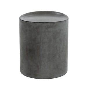 A dark gray concrete cylindrical side table or stool with a smooth, matte textured finish, shown against a plain white background.