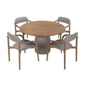 Overview of Corfu outdoor teak round dining table with four dining chairs.