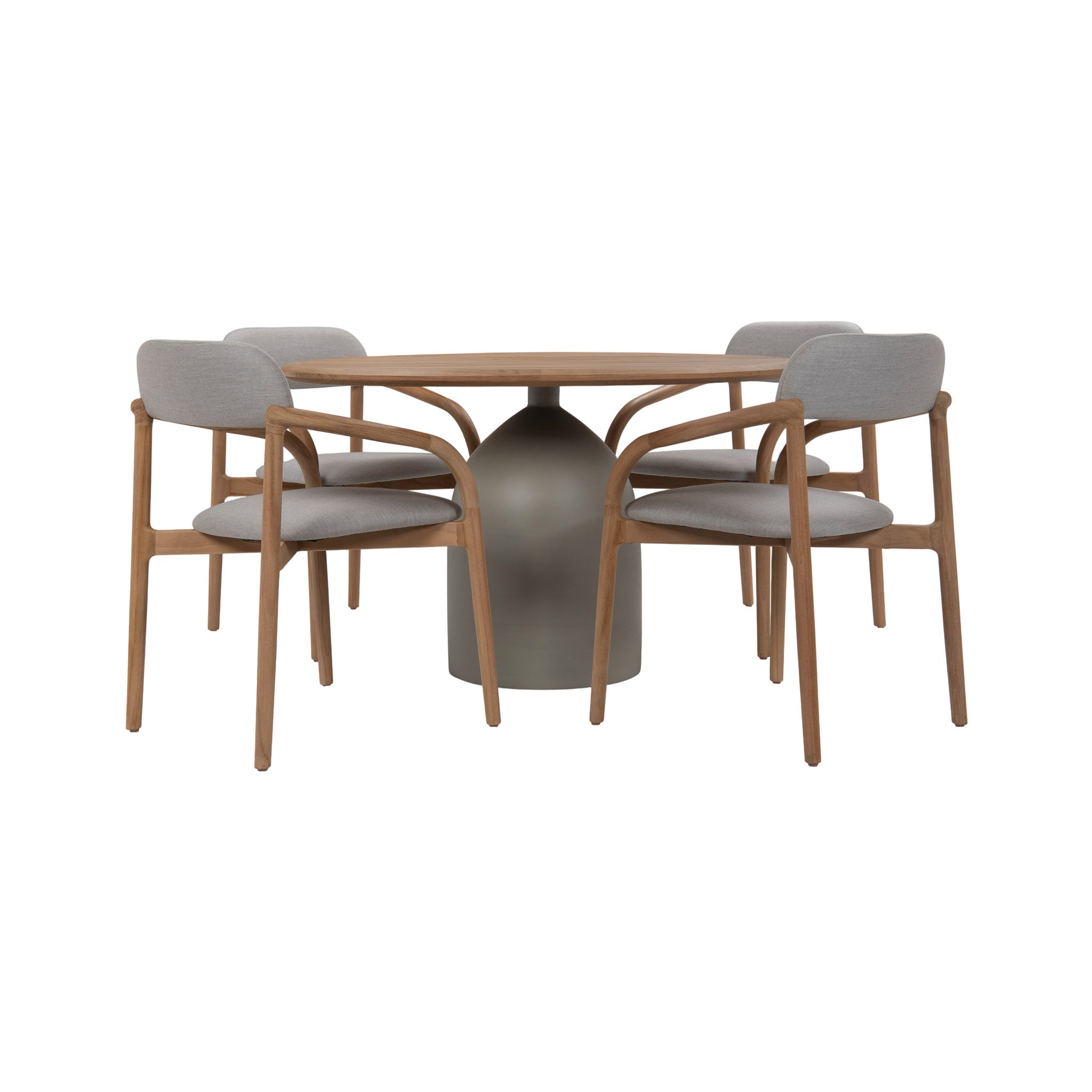 Corfu outdoor teak round dining table with four dining chairs. 