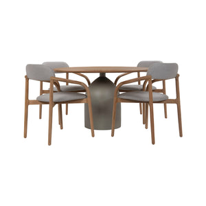 Corfu outdoor teak round dining table with four dining chairs. 