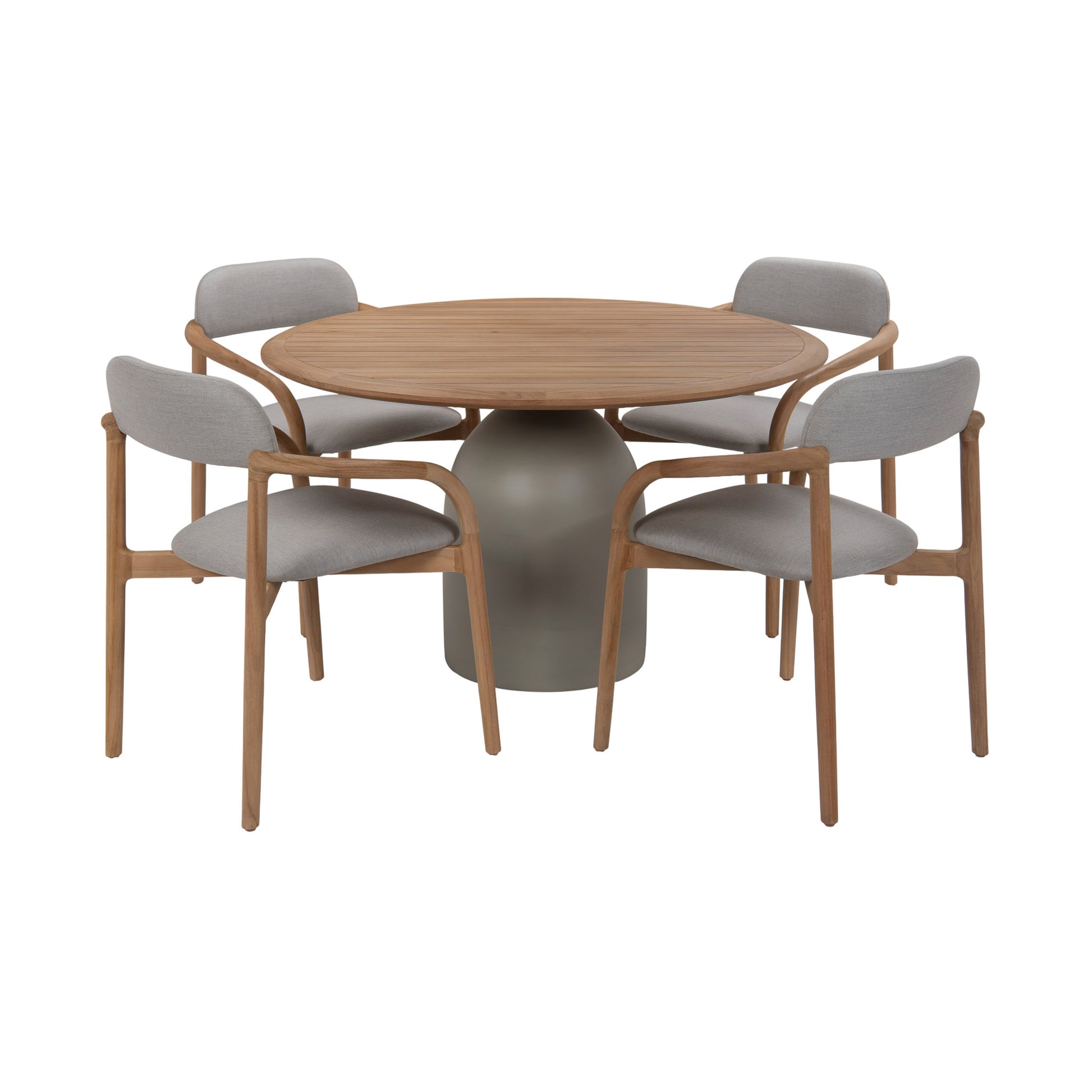 Corfu outdoor teak round dining table with four dining chairs. Side angle view.