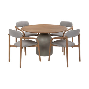 Corfu outdoor teak round dining table with four dining chairs. Side angle view.