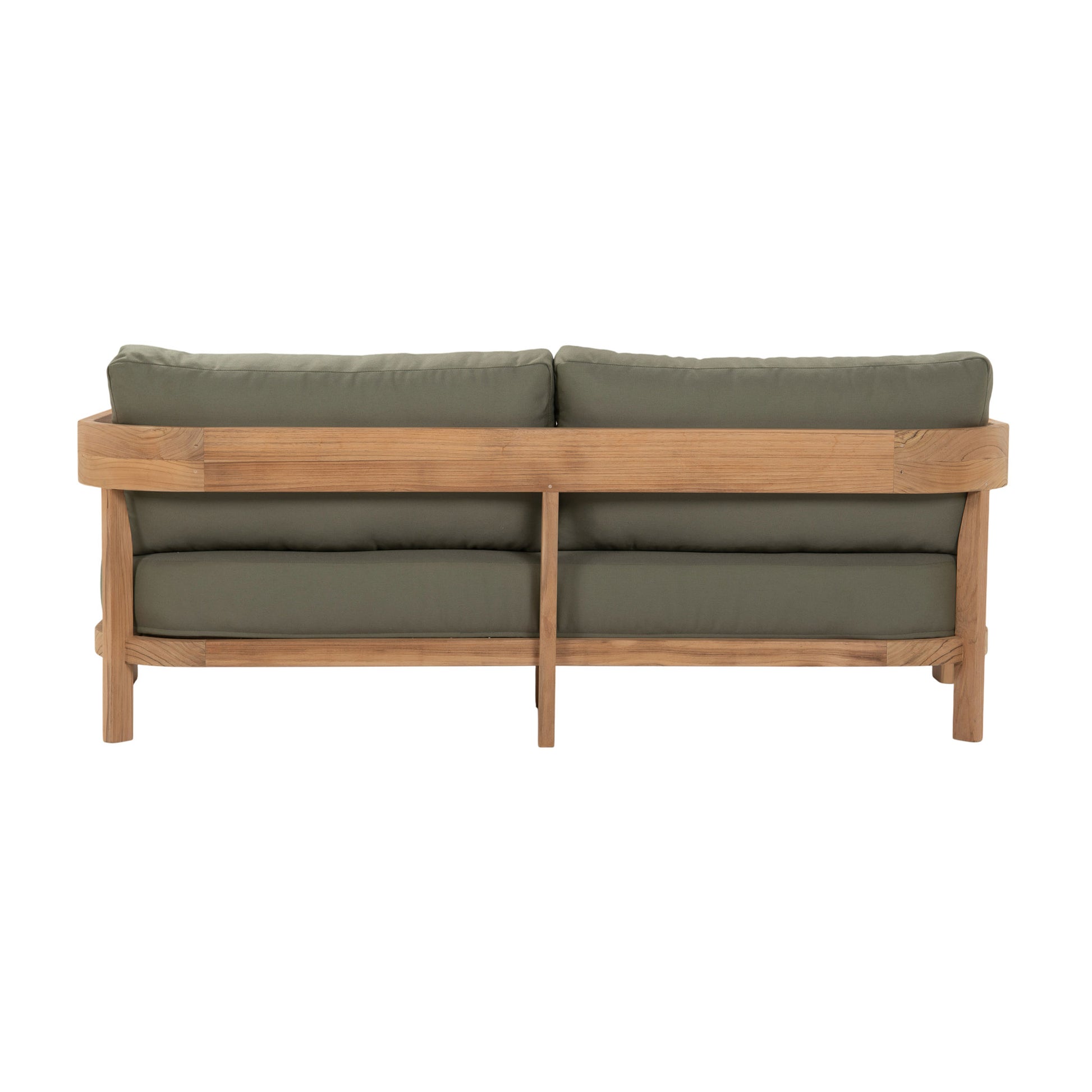 Cove teak outdoor 2 seater sofa with green coloured plush cushions. Rear view.