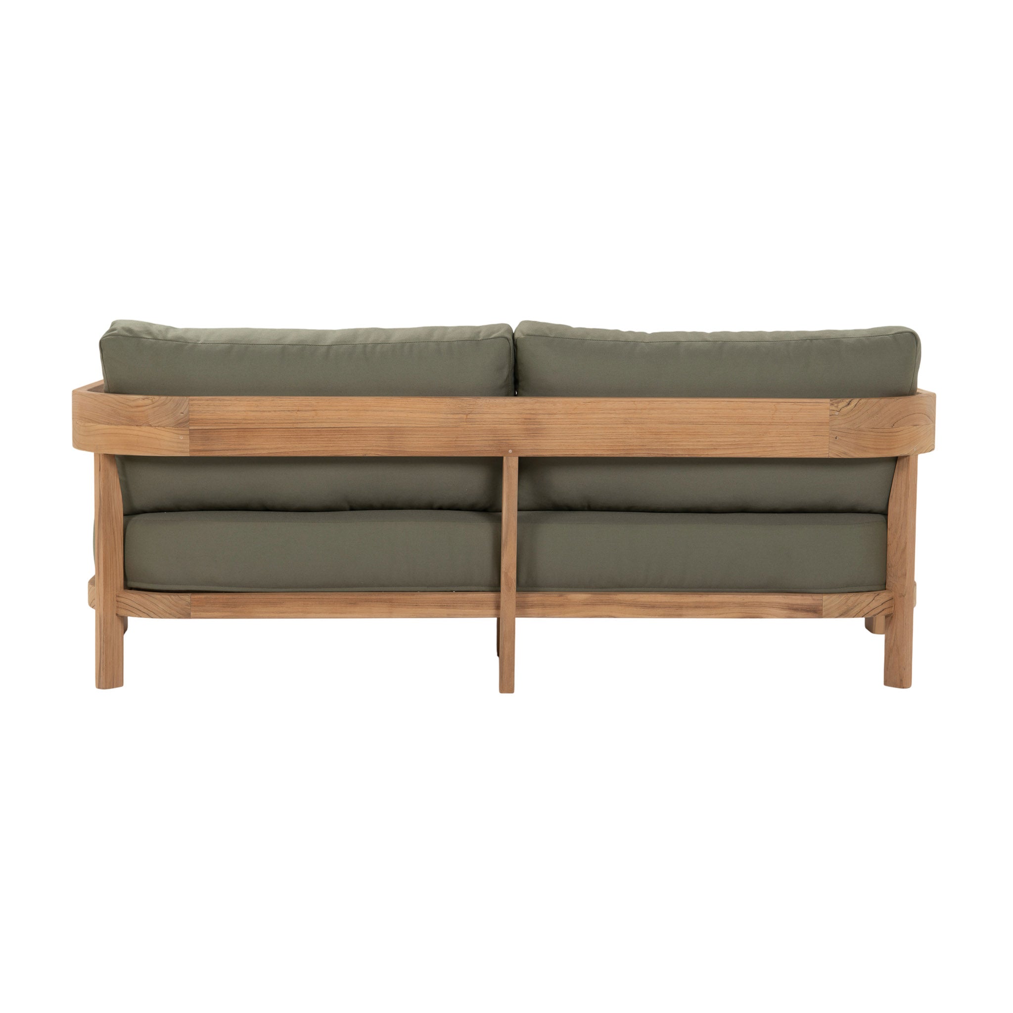 Cove teak outdoor 2 seater sofa with green coloured plush cushions. Rear view.