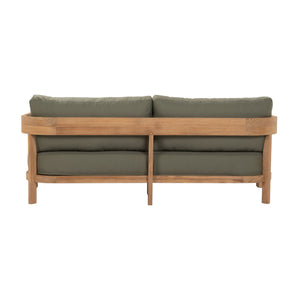 Cove teak outdoor 2 seater sofa with green coloured plush cushions. Rear view.