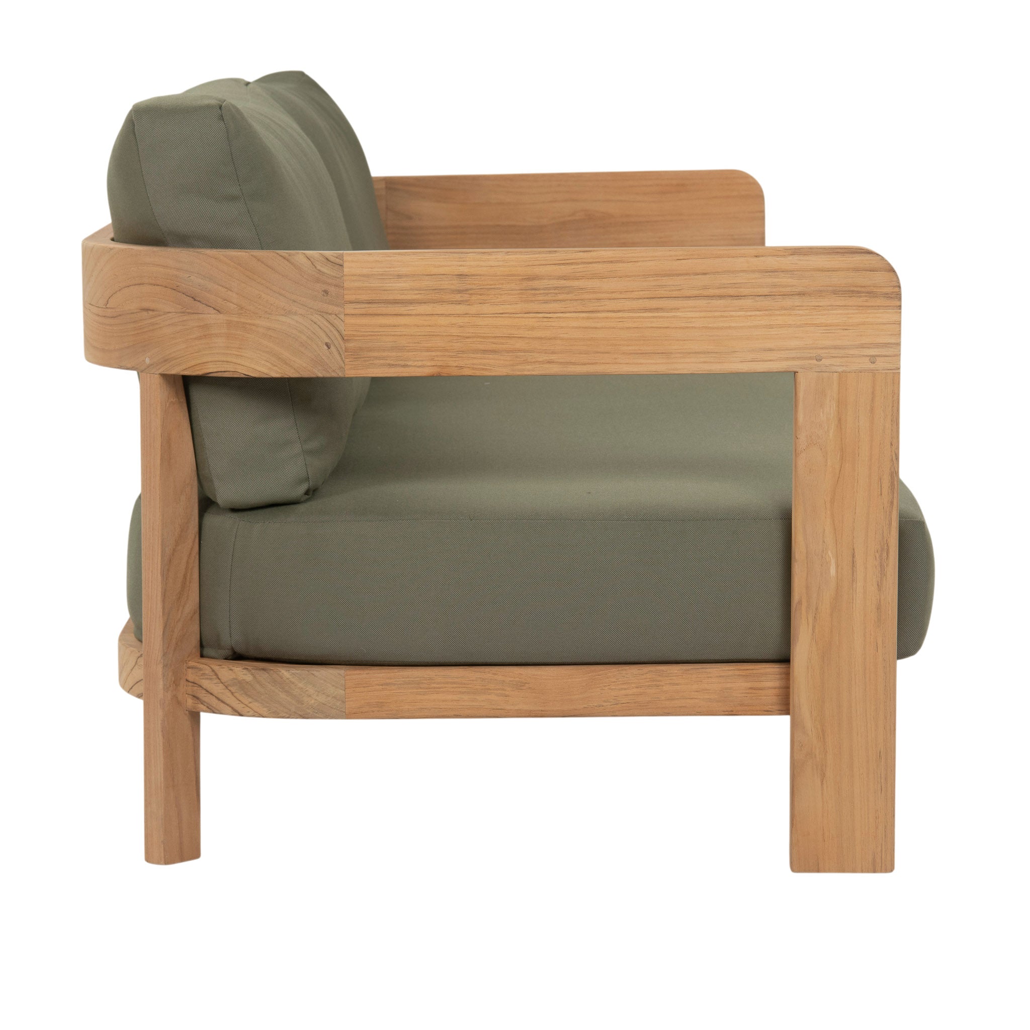 Cove teak outdoor 2 seater sofa with green coloured plush cushions. Side view.