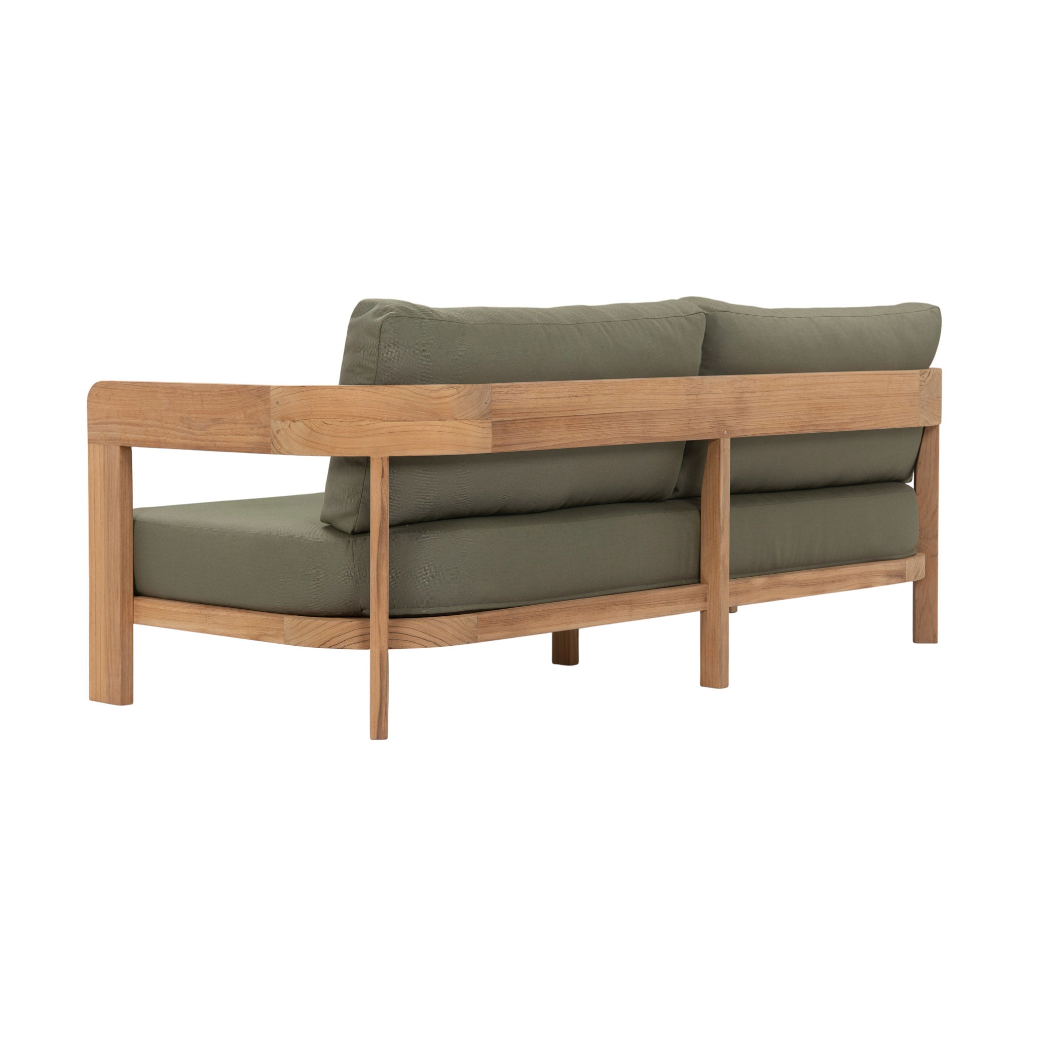 Cove teak outdoor 2 seater sofa with green coloured plush cushions. Rear angle view.