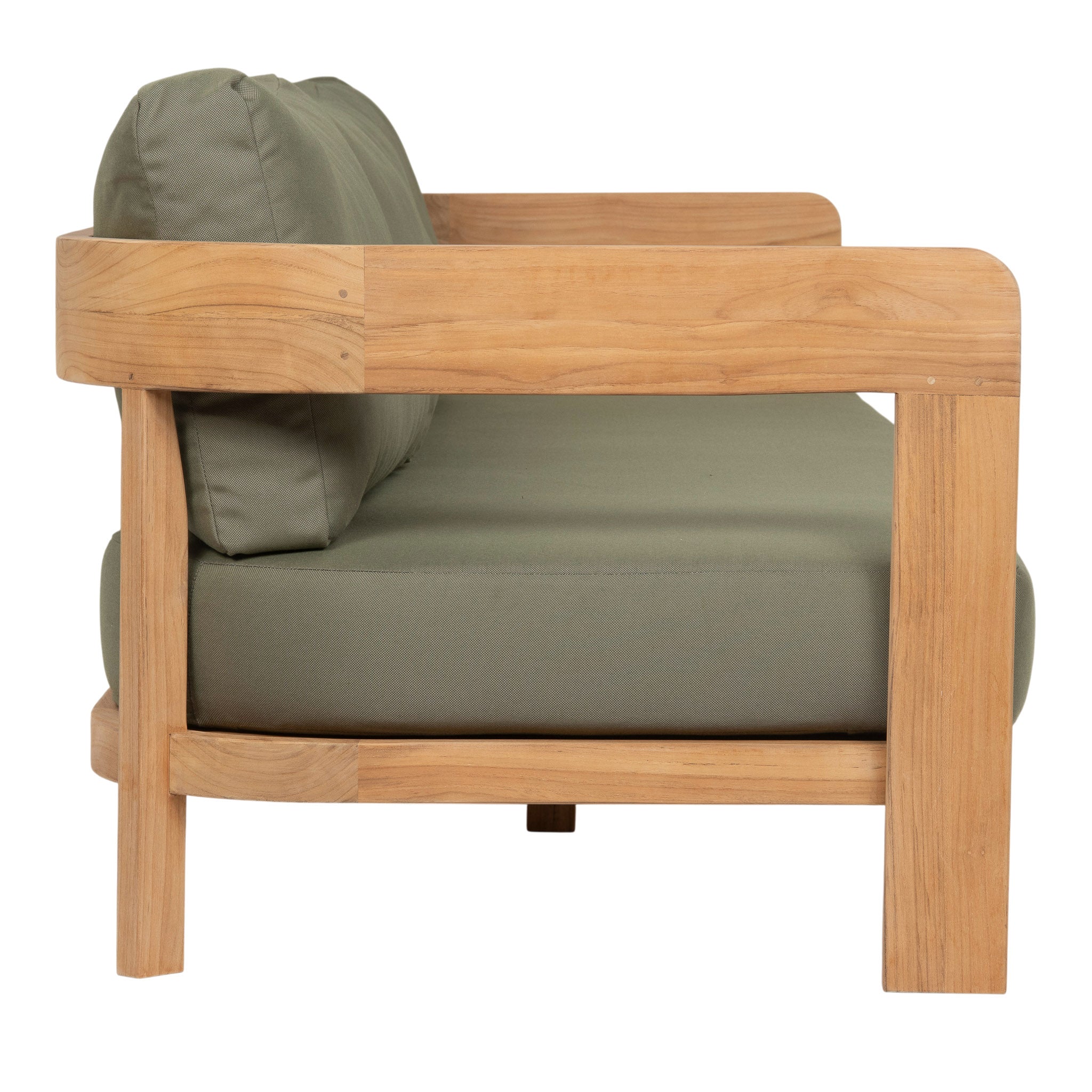 Cove teak outdoor 3-seater sofa. Side view.