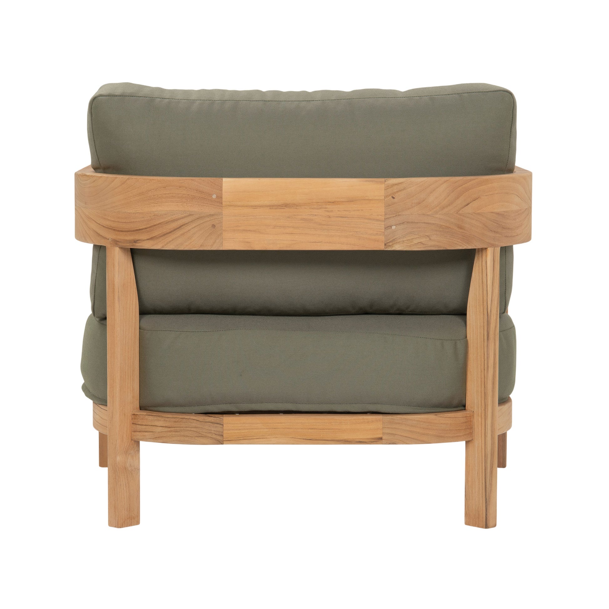 Cove teak outdoor lounge chair with dark green coloured seating cushions. Rear view.