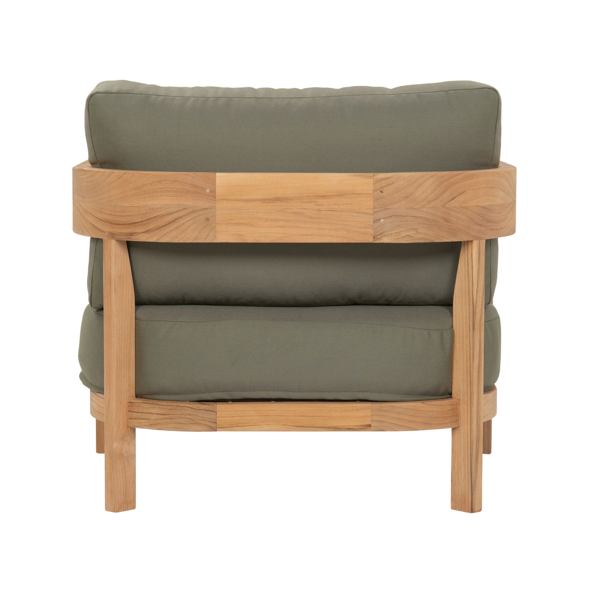 Cove teak outdoor lounge chair with dark green coloured seating cushions. Rear view.