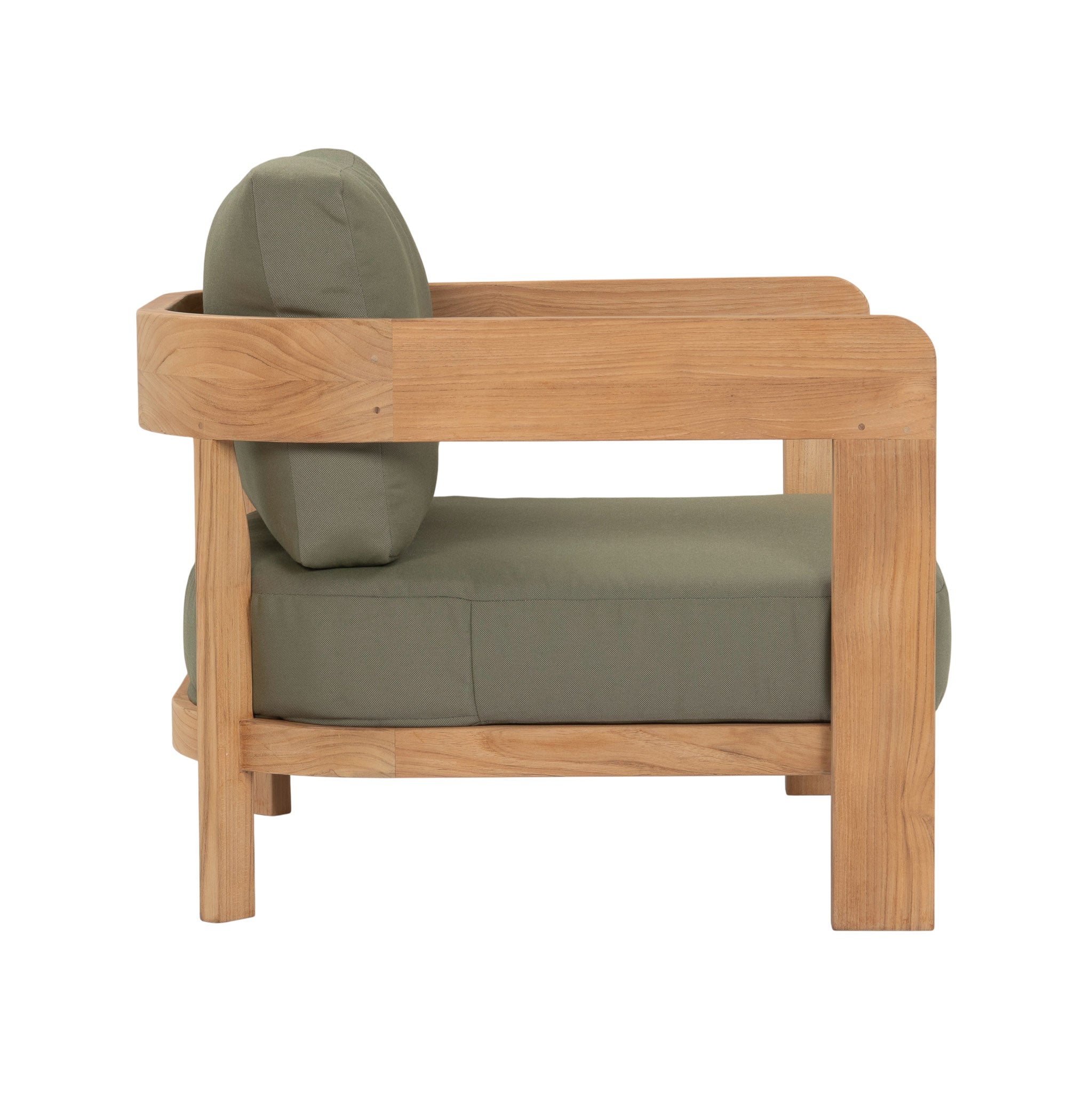 Cove teak outdoor lounge chair with dark green coloured seating cushions. Side view.