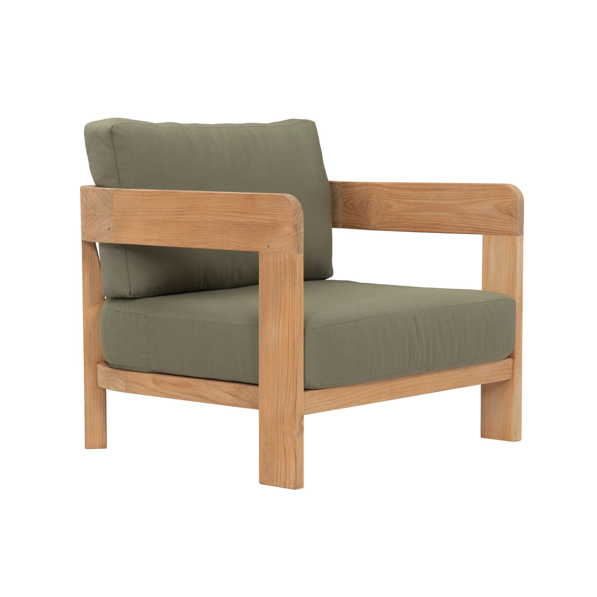 Cove teak outdoor lounge chair with dark green coloured seating cushions. Front angle view.