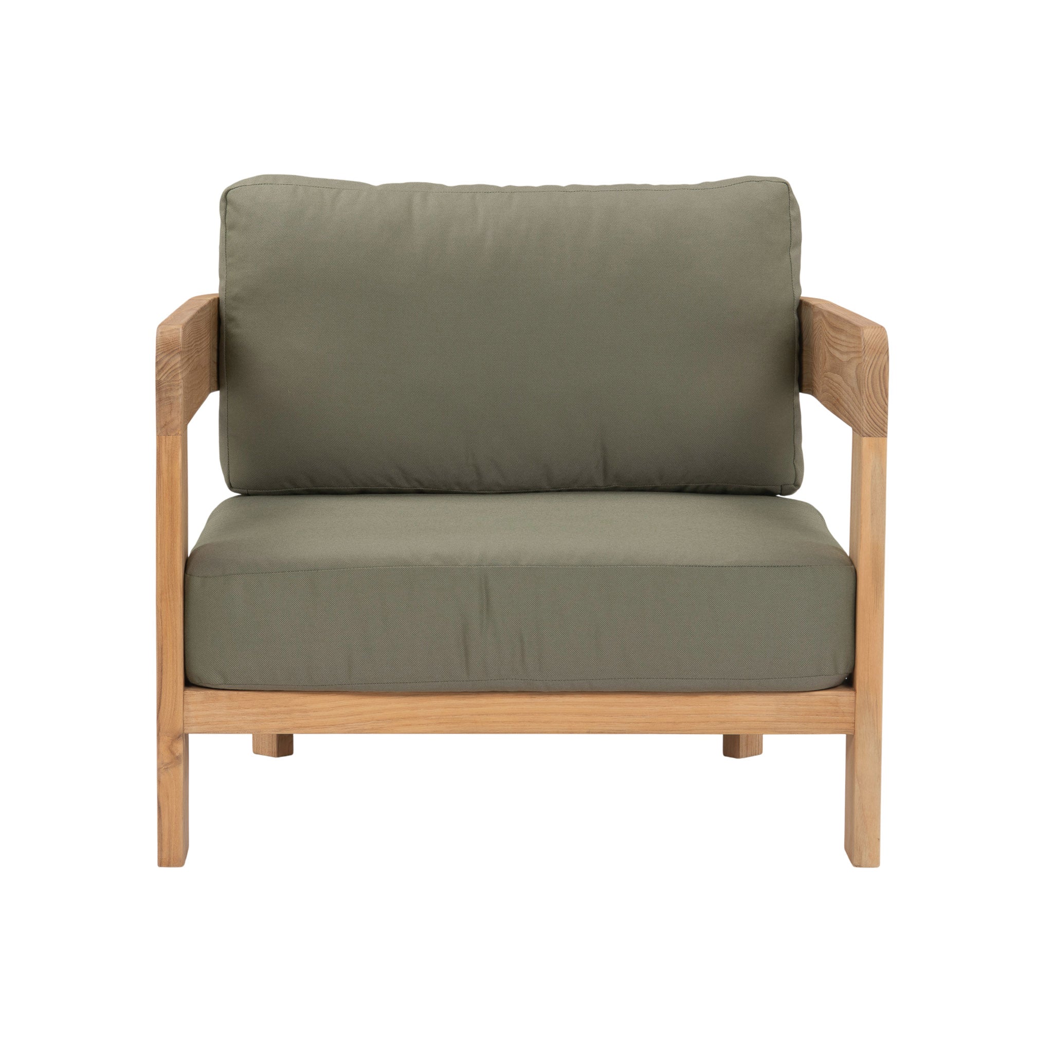 Cove teak outdoor lounge chair with dark green coloured seating cushions. Front view.
