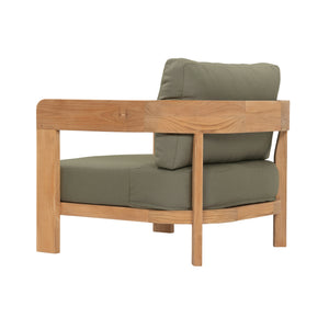 Cove teak outdoor lounge chair with green seating cushions. Rear angle view.