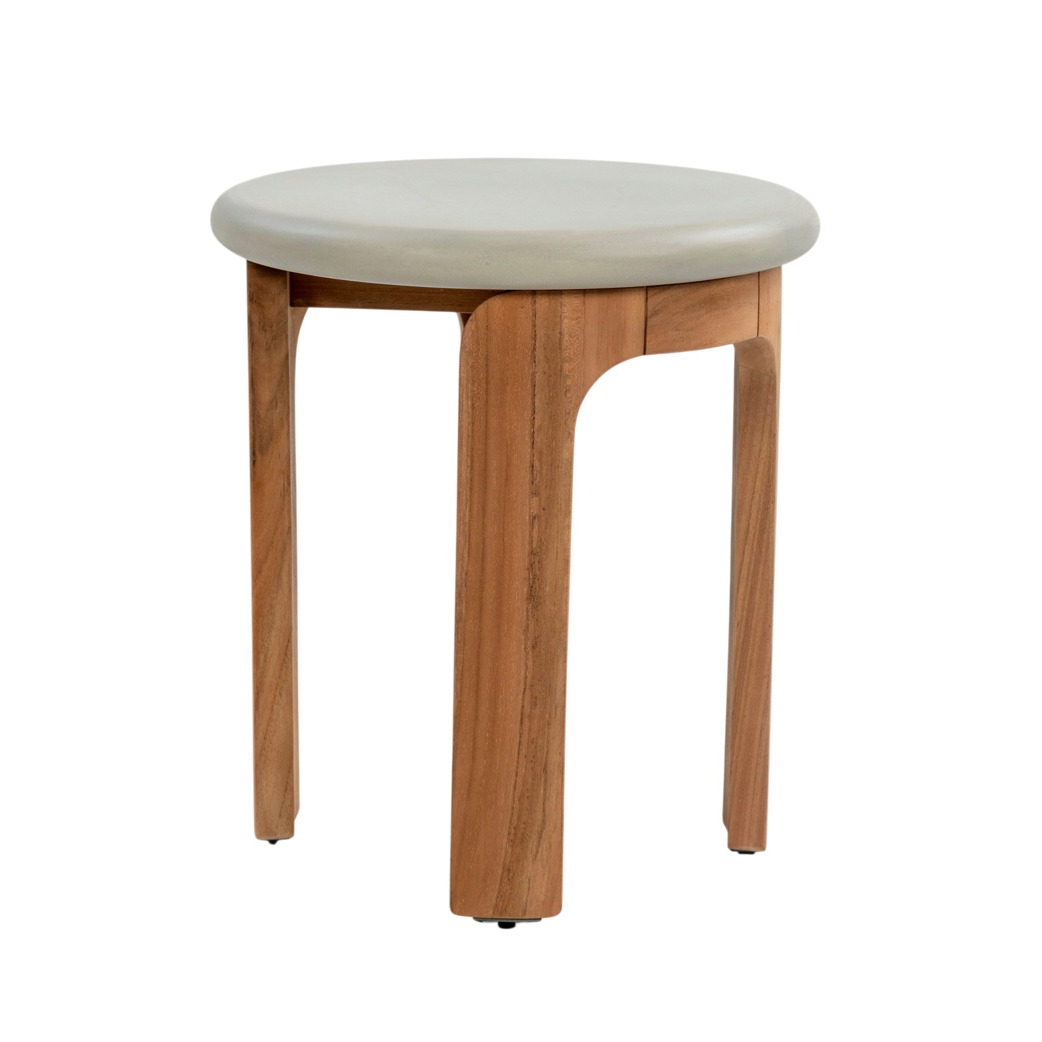 Round outdoor side table with pale concrete tabletop and natural teak frame featuring three tapered legs
