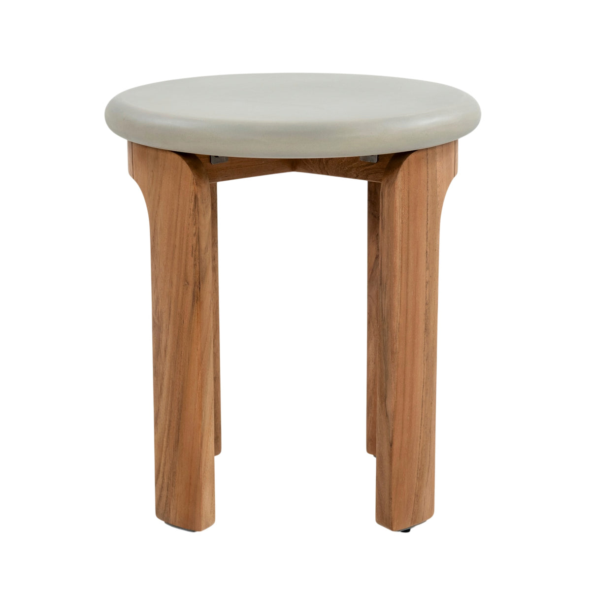 Elevated view of concrete and teak outdoor side table showing round tabletop and curved timber supports