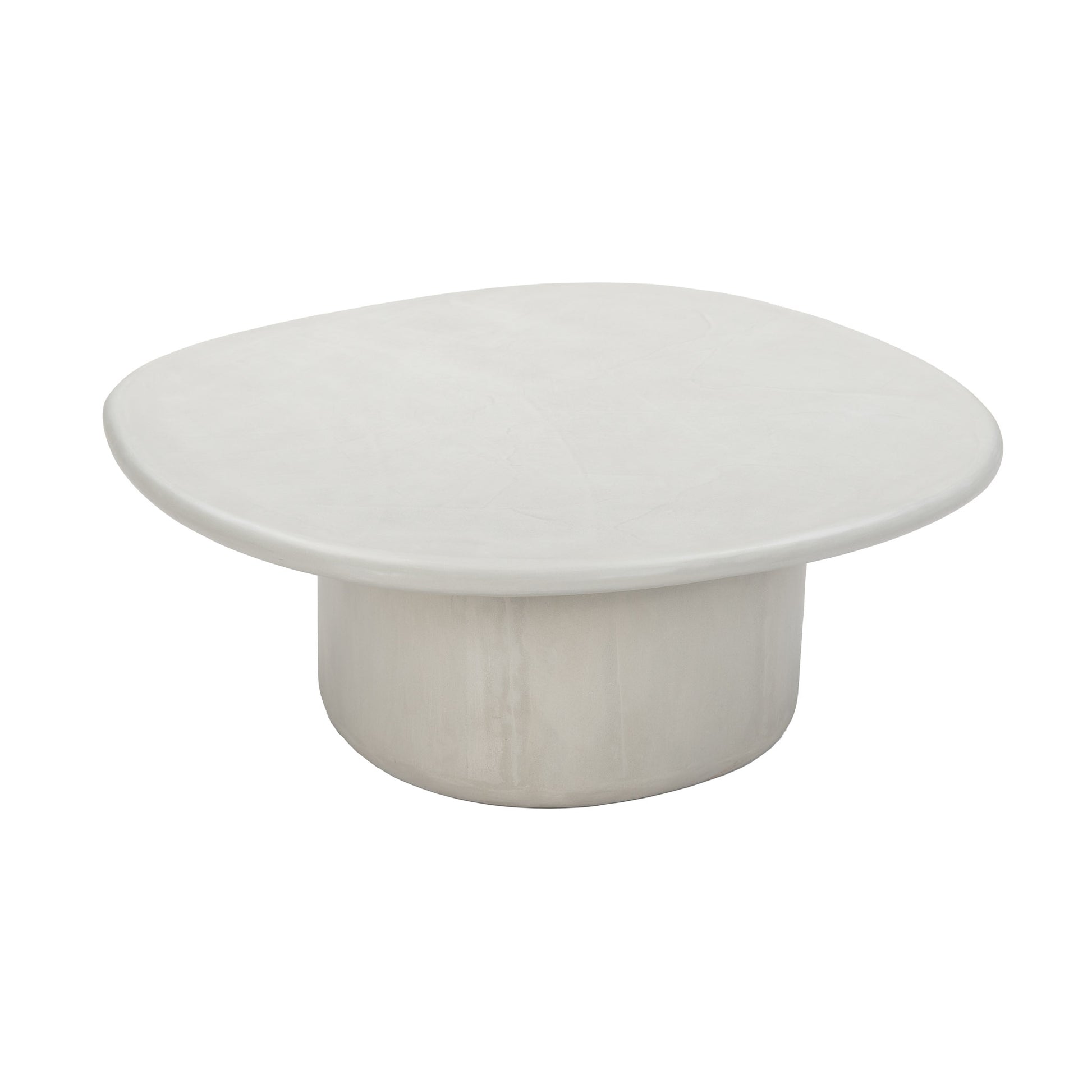 Outdoor oval coffee table in soft off-white concrete with smooth contours and rounded base