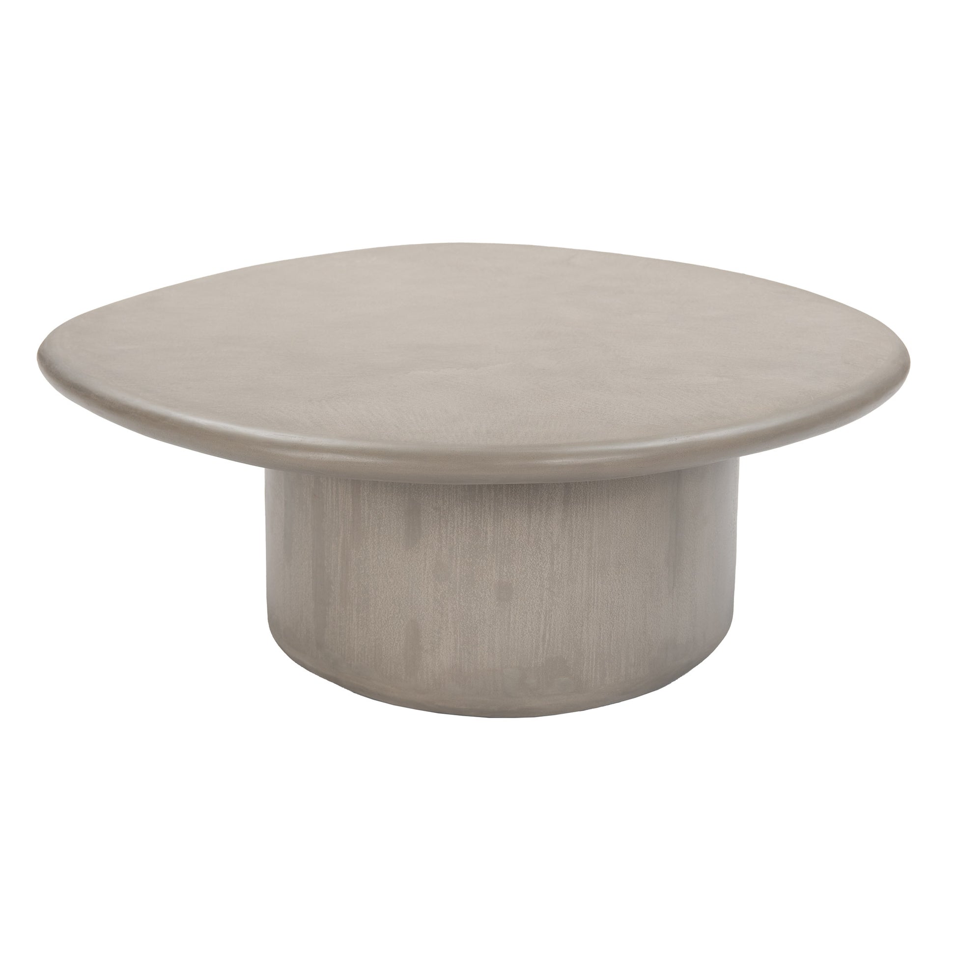Oval concrete outdoor coffee table in natural grey with curved top and cylindrical base