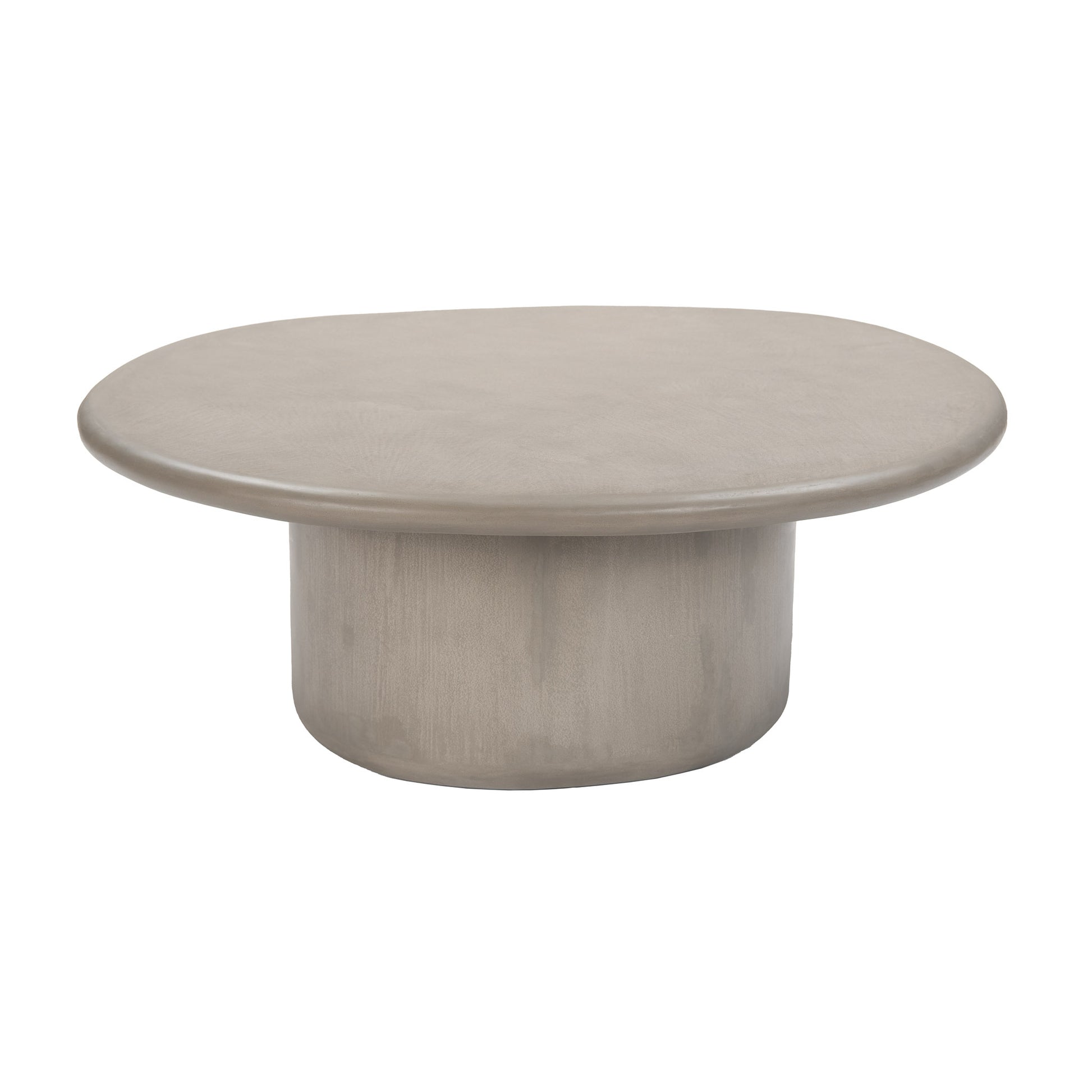 Low-profile concrete coffee table in Wasabi grey, featuring sculptural oval form for outdoor use