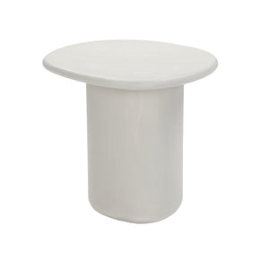 Minimalist white concrete side table for outdoor use, featuring cylindrical pedestal and smooth top 129039
