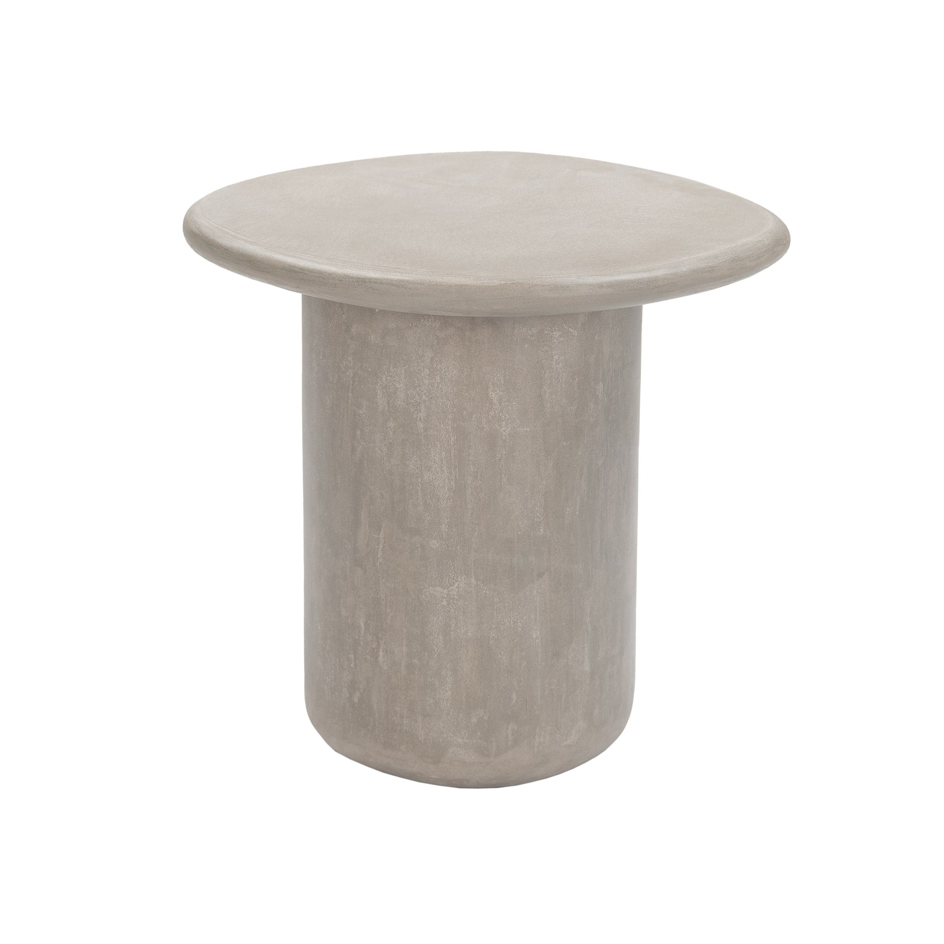 Elliptical concrete side table in grey, showing curved silhouette and pedestal base 129040
