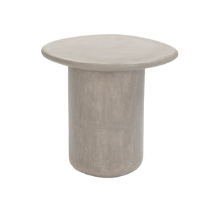 Elliptical concrete side table in grey, showing curved silhouette and pedestal base 129040
