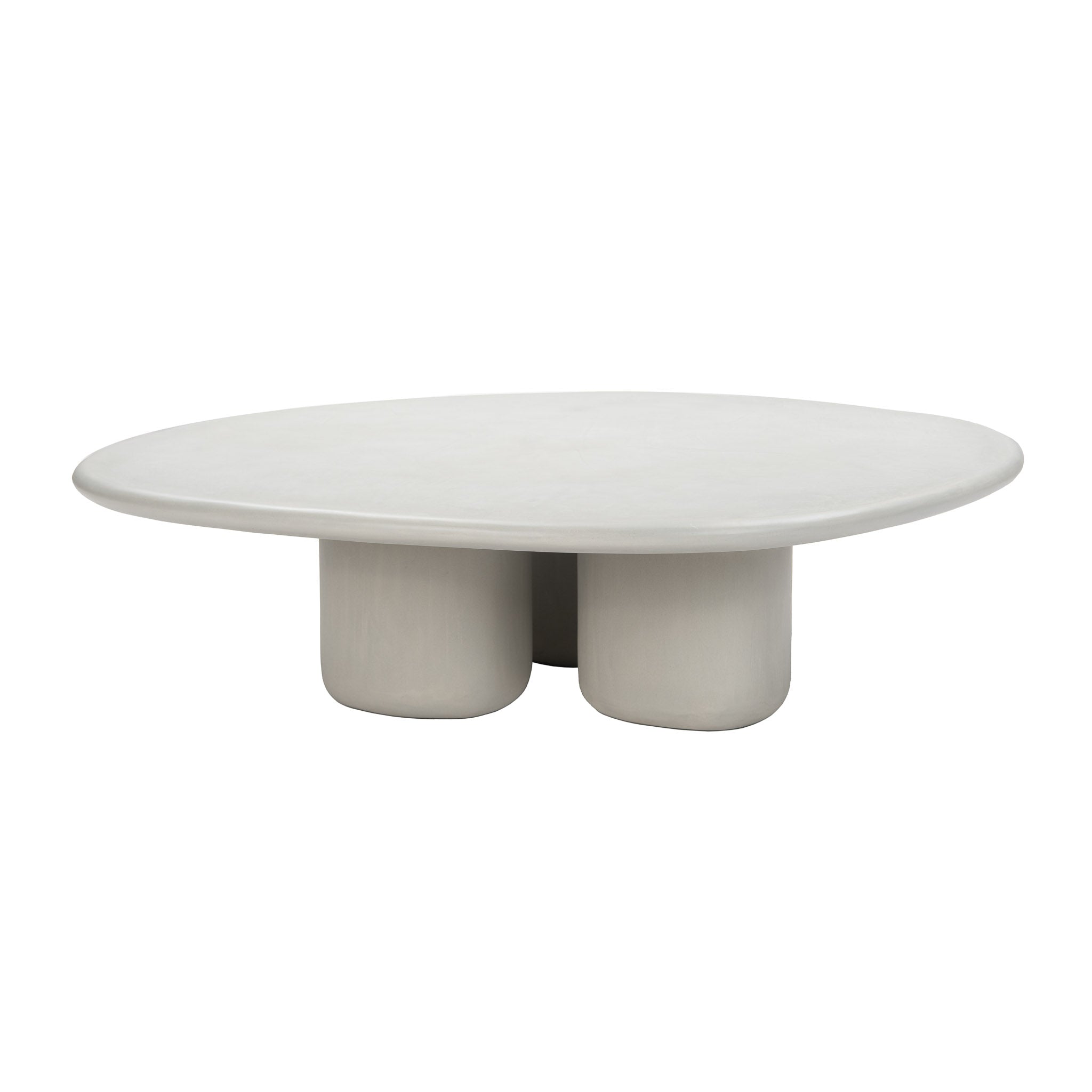 ide angle of off-white oval outdoor table with three sculptural legs