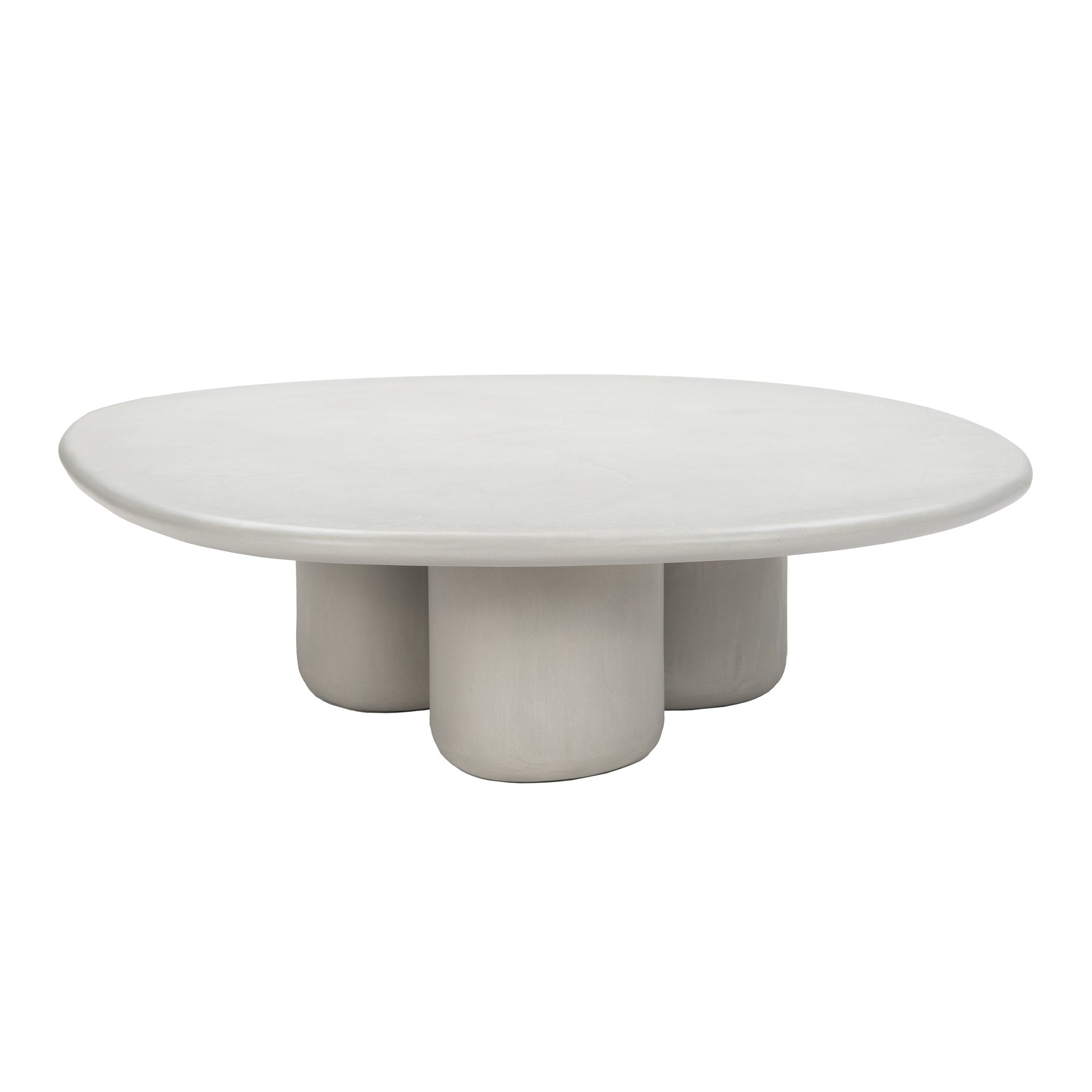 Front view of off-white concrete coffee table with tri-leg base