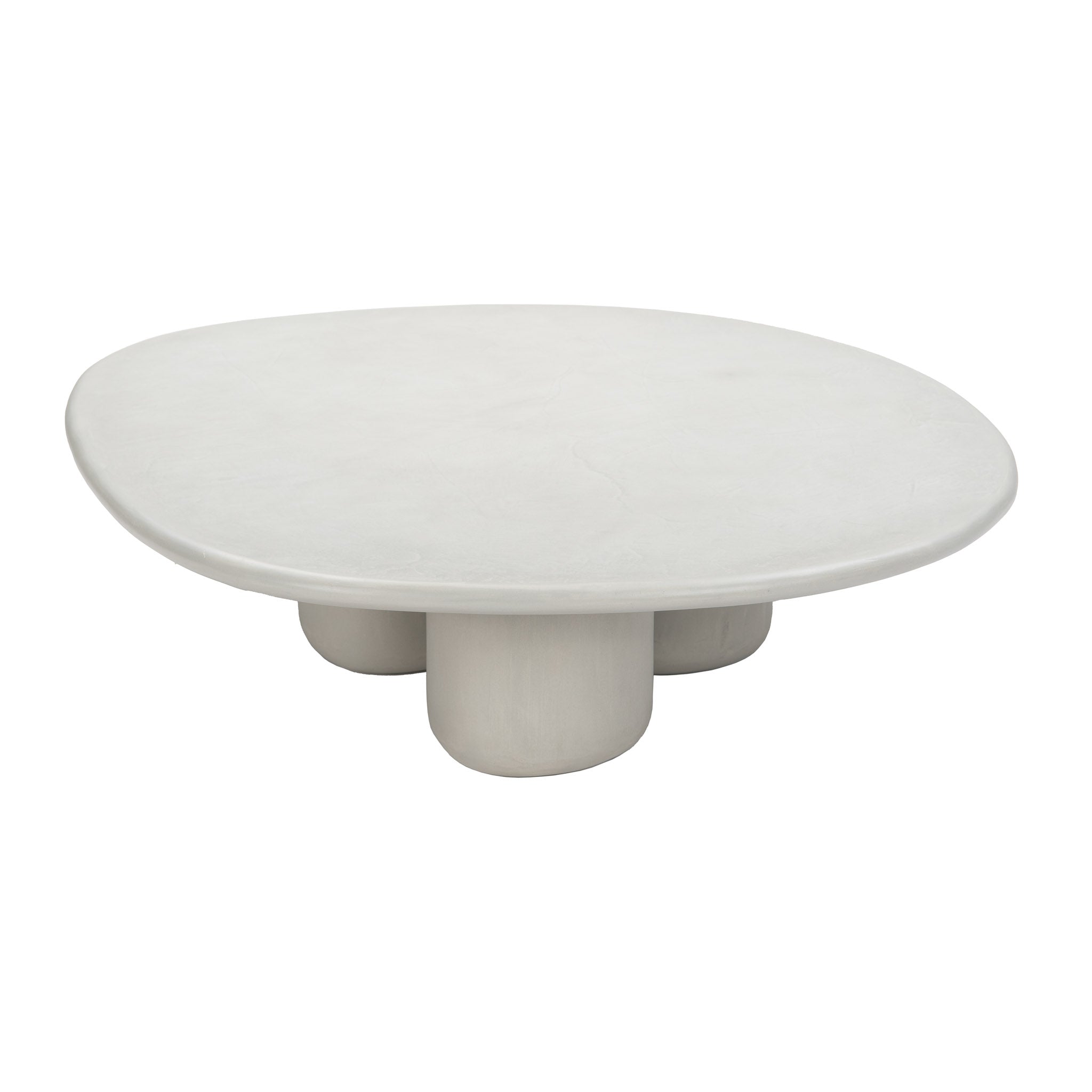 Angled view of Linen finish concrete triad coffee table with smooth oval top