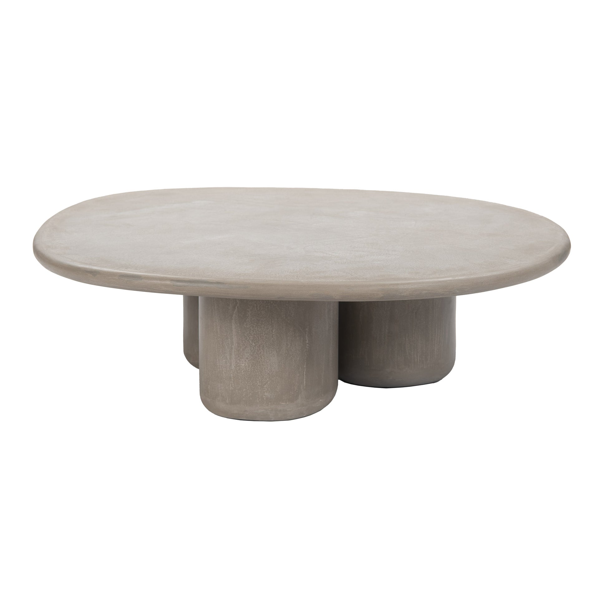 Outdoor concrete coffee table with oval top and three-leg triad base in grey finish