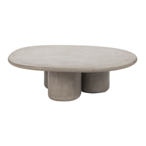 Outdoor concrete coffee table with oval top and three-leg triad base in grey finish
