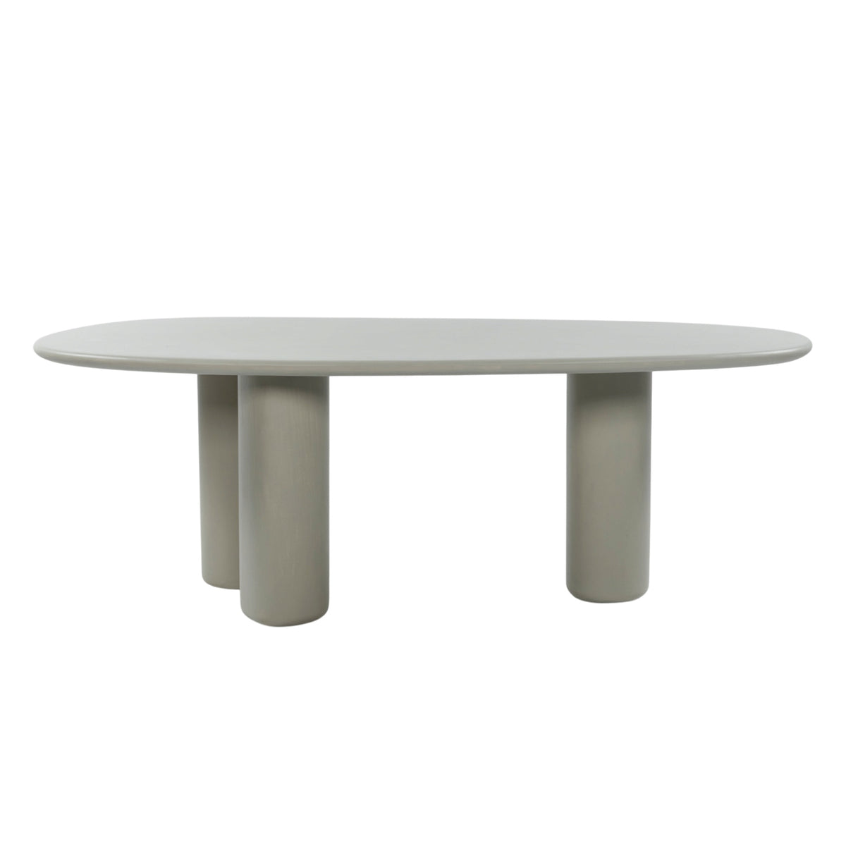 An oval dining table with a light gray top and three matching cylindrical legs, shown against a plain white background.