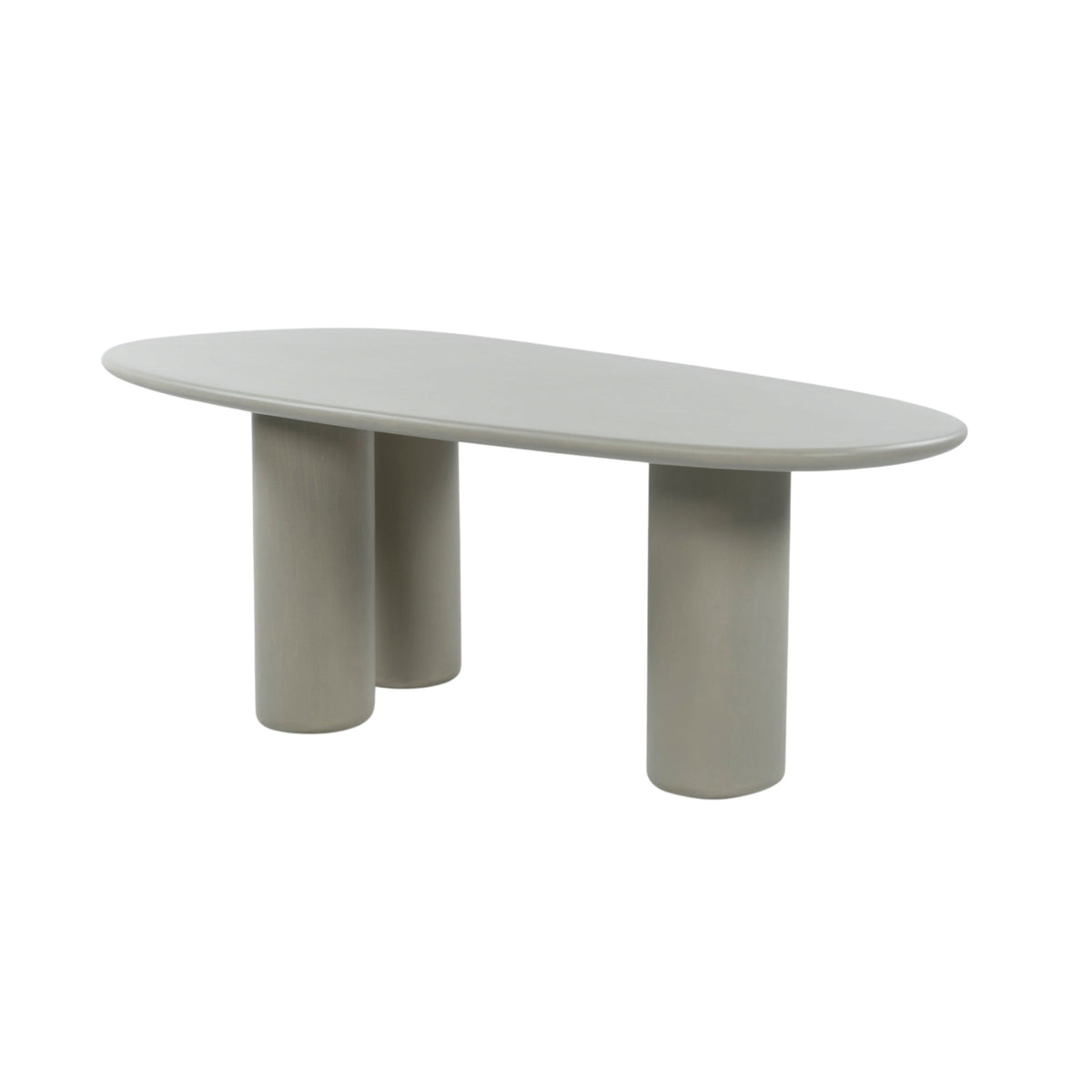 An oval dining table with a light gray top and two thick cylindrical pedestal legs in a matching light gray finish, shown on a plain white background.