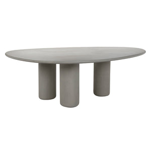 Side view of Curve outdoor concrete dining table with three round legs in light grey colour tone