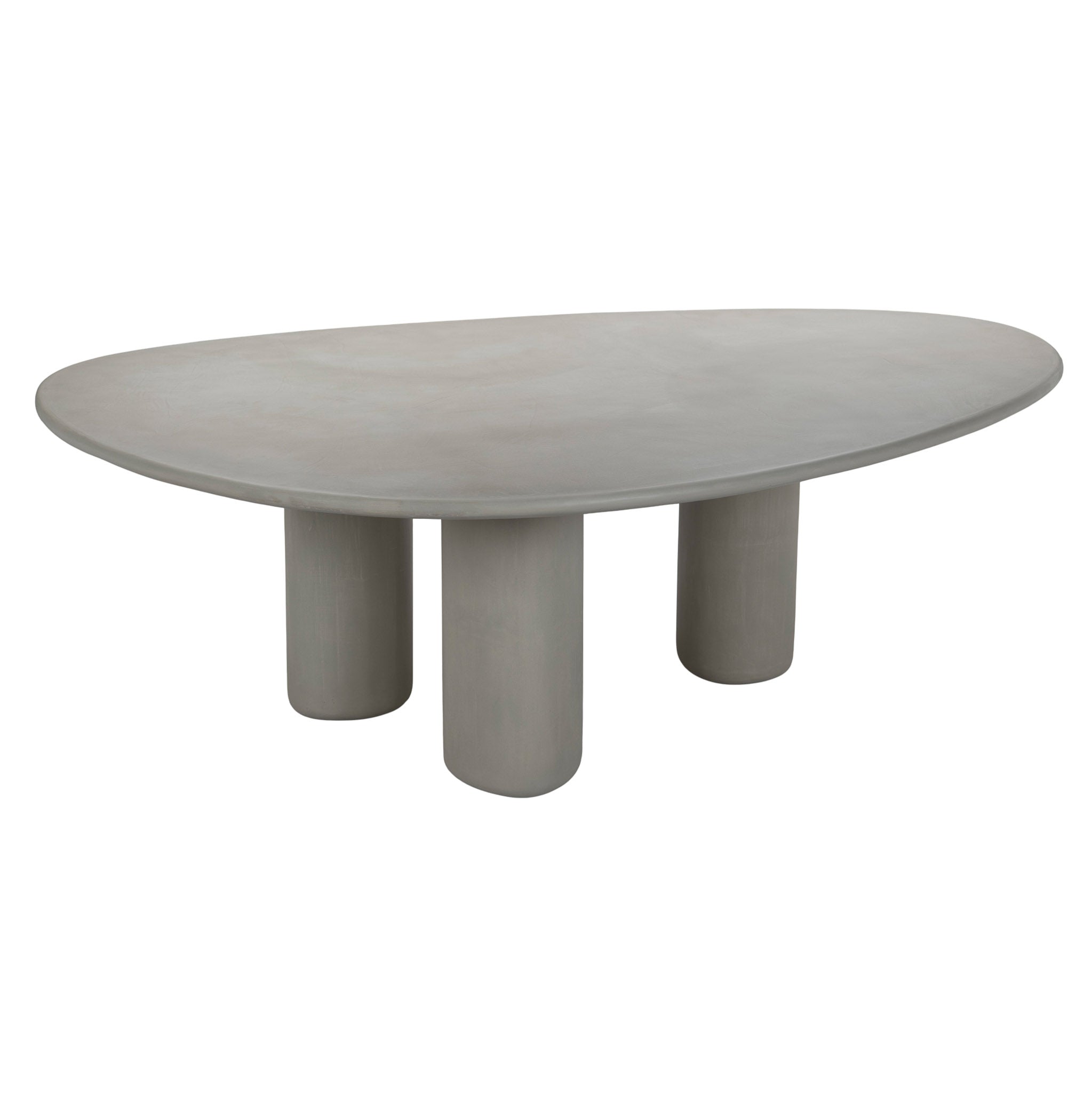 Angle view of Curve triad (3-legged) concrete dining table for outdoor dining in a light grey colour tone.
