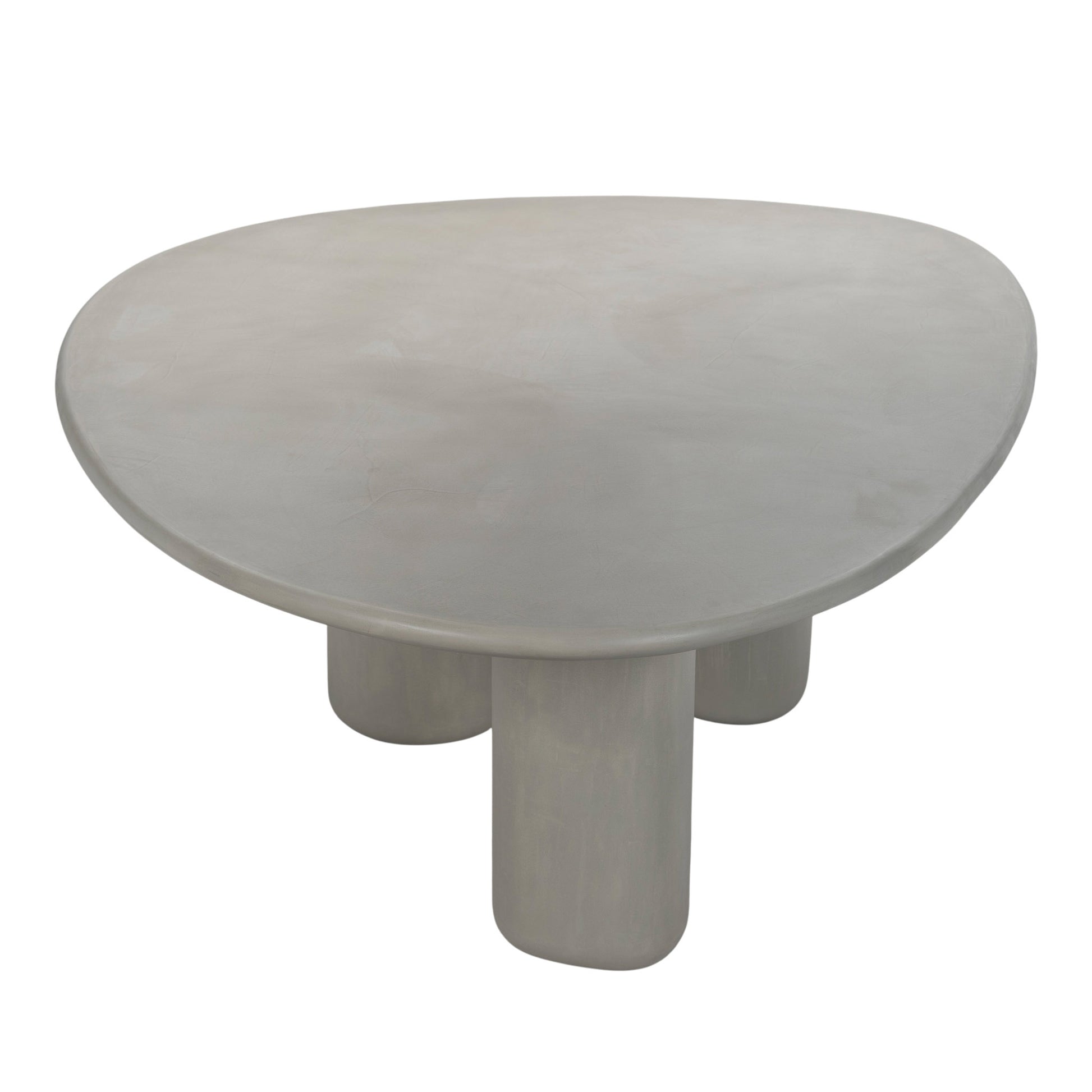Overview of Curve outdoor concrete triad (3-legged) dining table in light grey colour tone. 