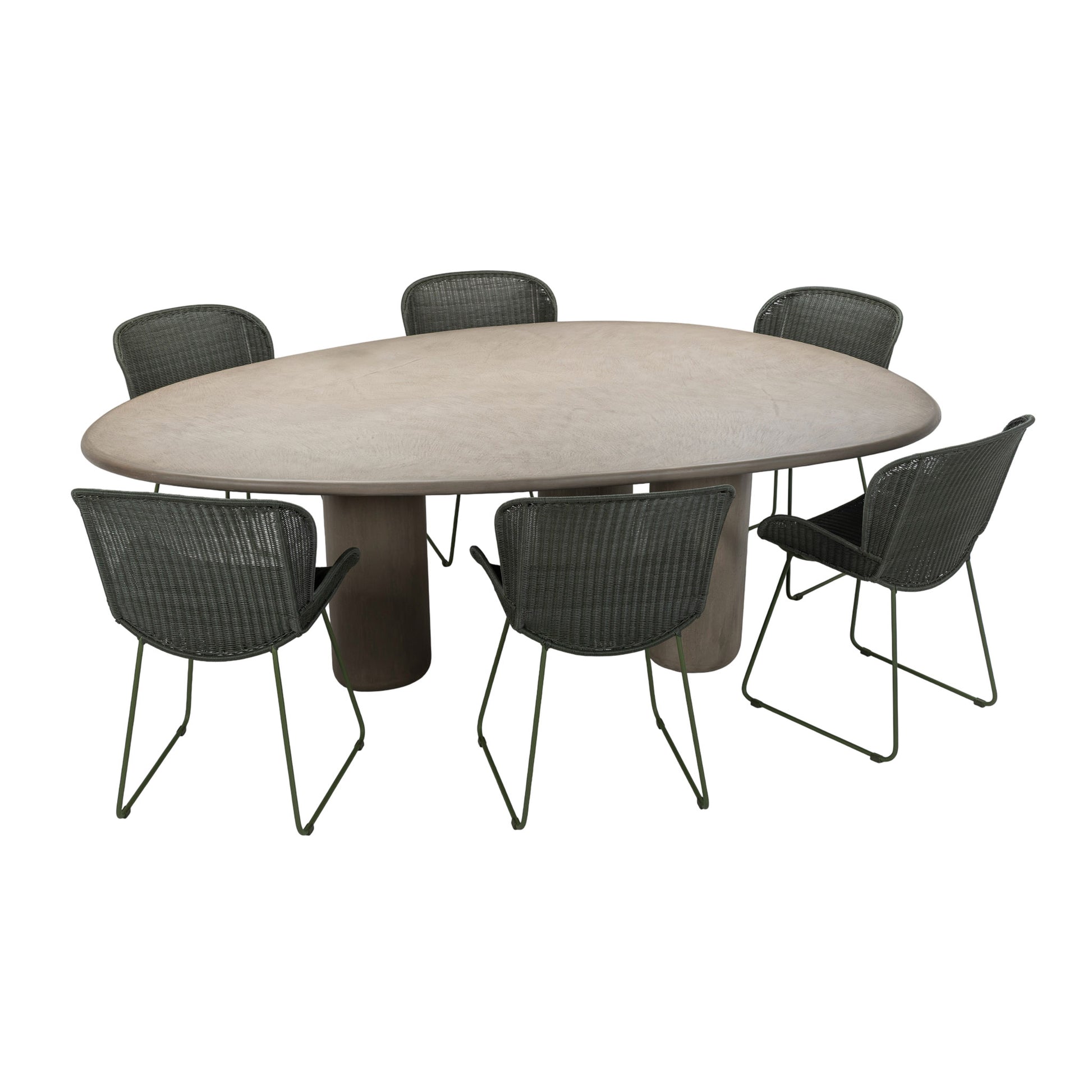 Curve outdoor concrete dining table surrounded by six dining chairs with an elliptical table top and three legs