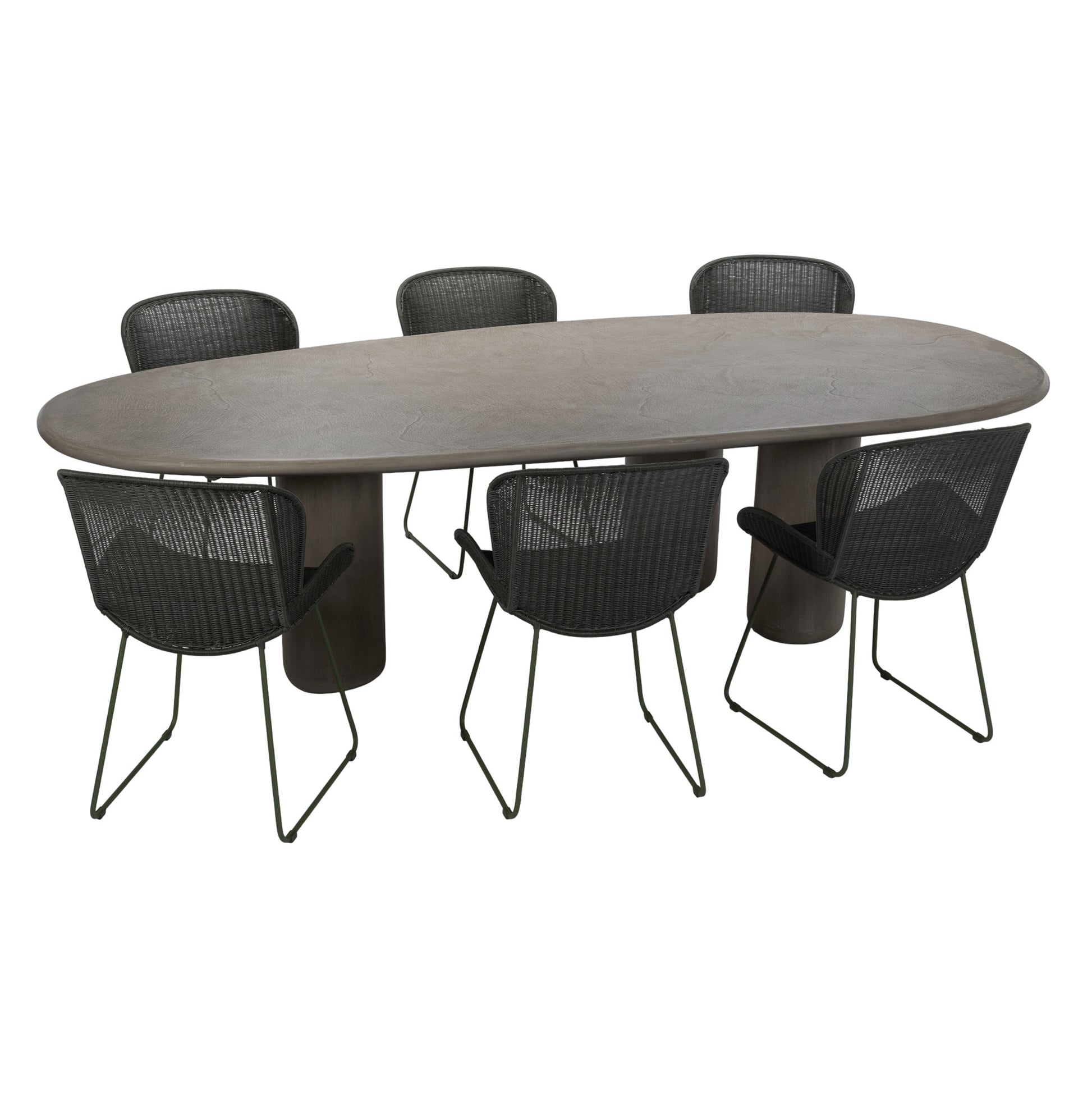 Wasabi finish dining table shown with six outdoor chairs (styled scene)