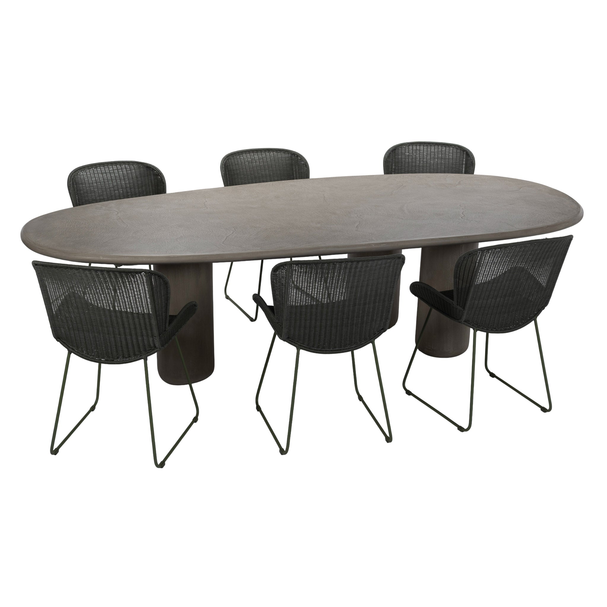 Wasabi finish dining table shown with six outdoor chairs (styled scene)