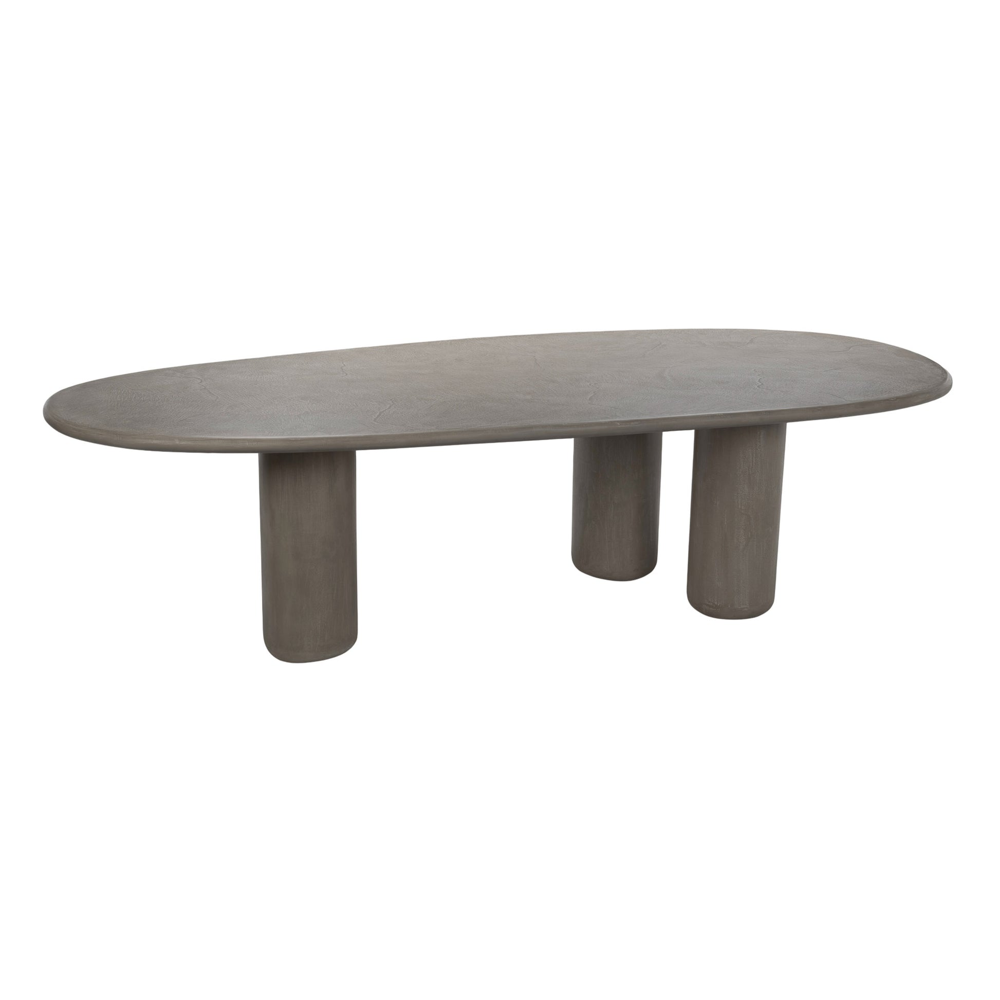 Elliptical outdoor dining table in Wasabi concrete with three rounded legs
