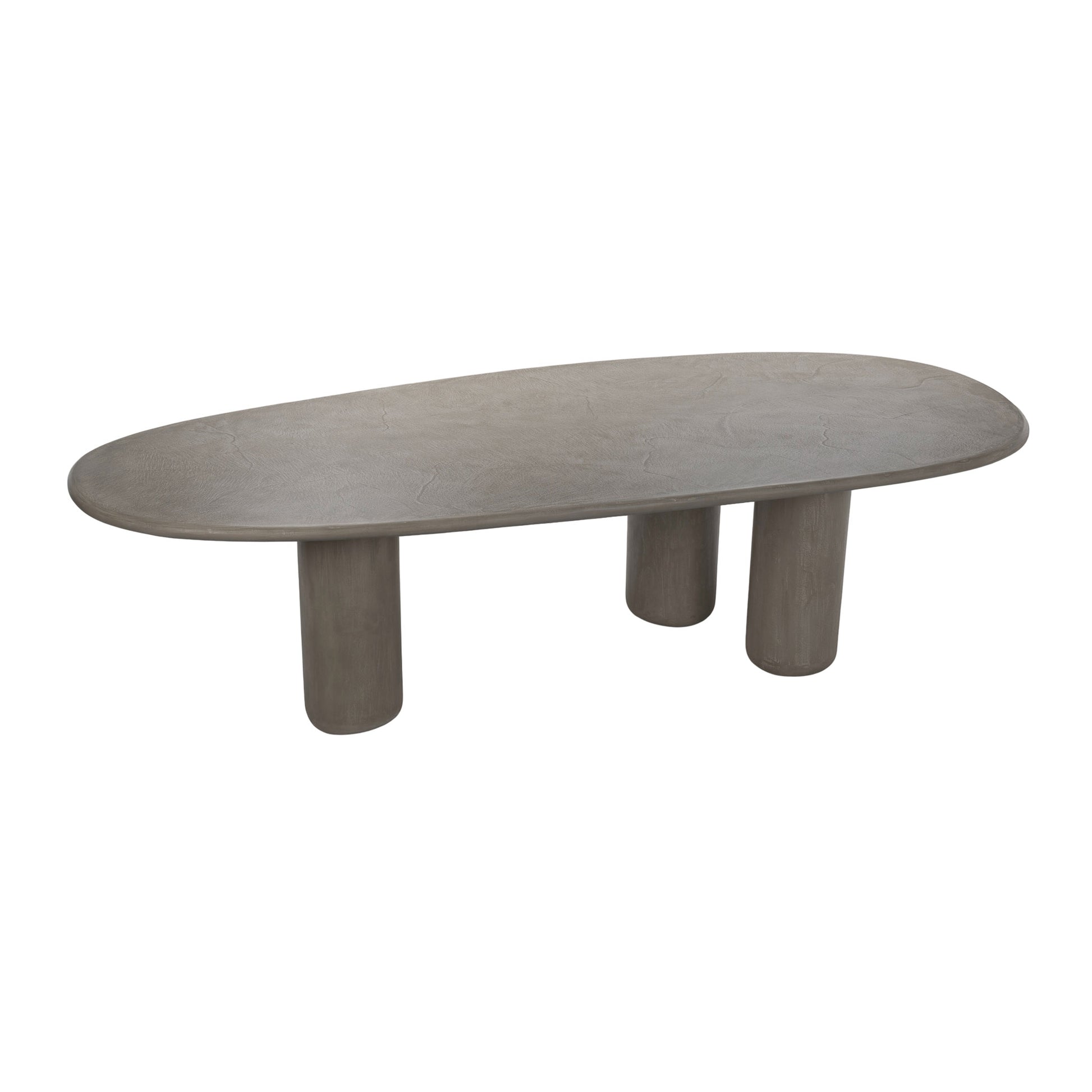 Side view of grey concrete triad dining table showing sculptural base