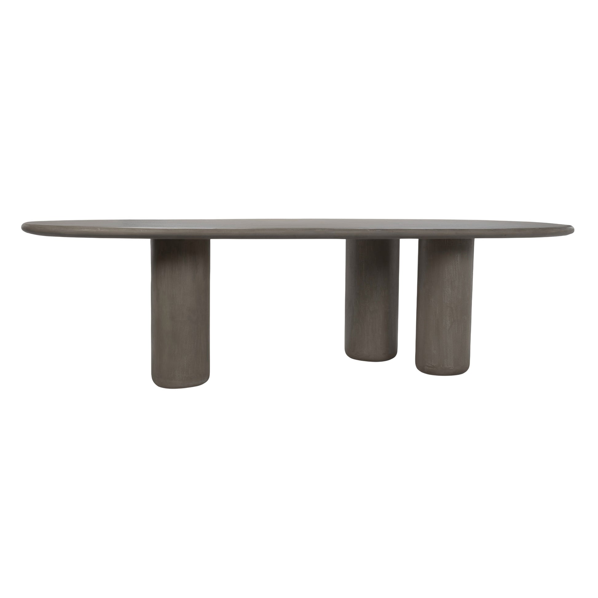 Front-facing view of grey concrete table with three-leg base