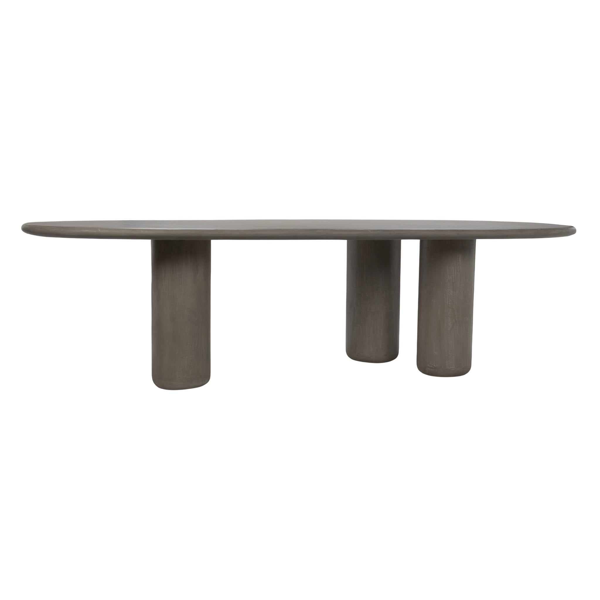 Front-facing view of grey concrete table with three-leg base