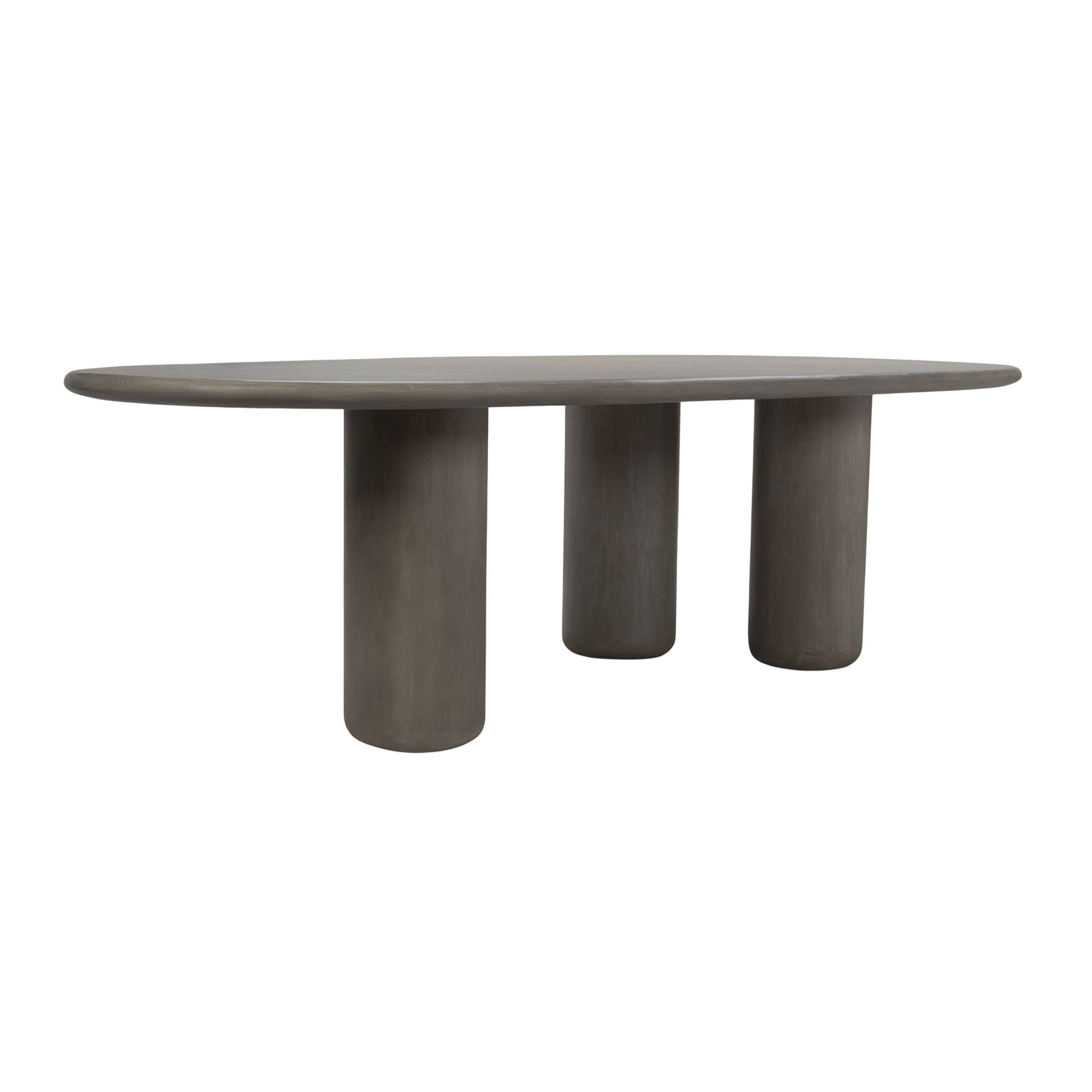 Back angle view of grey concrete dining table with cylindrical base