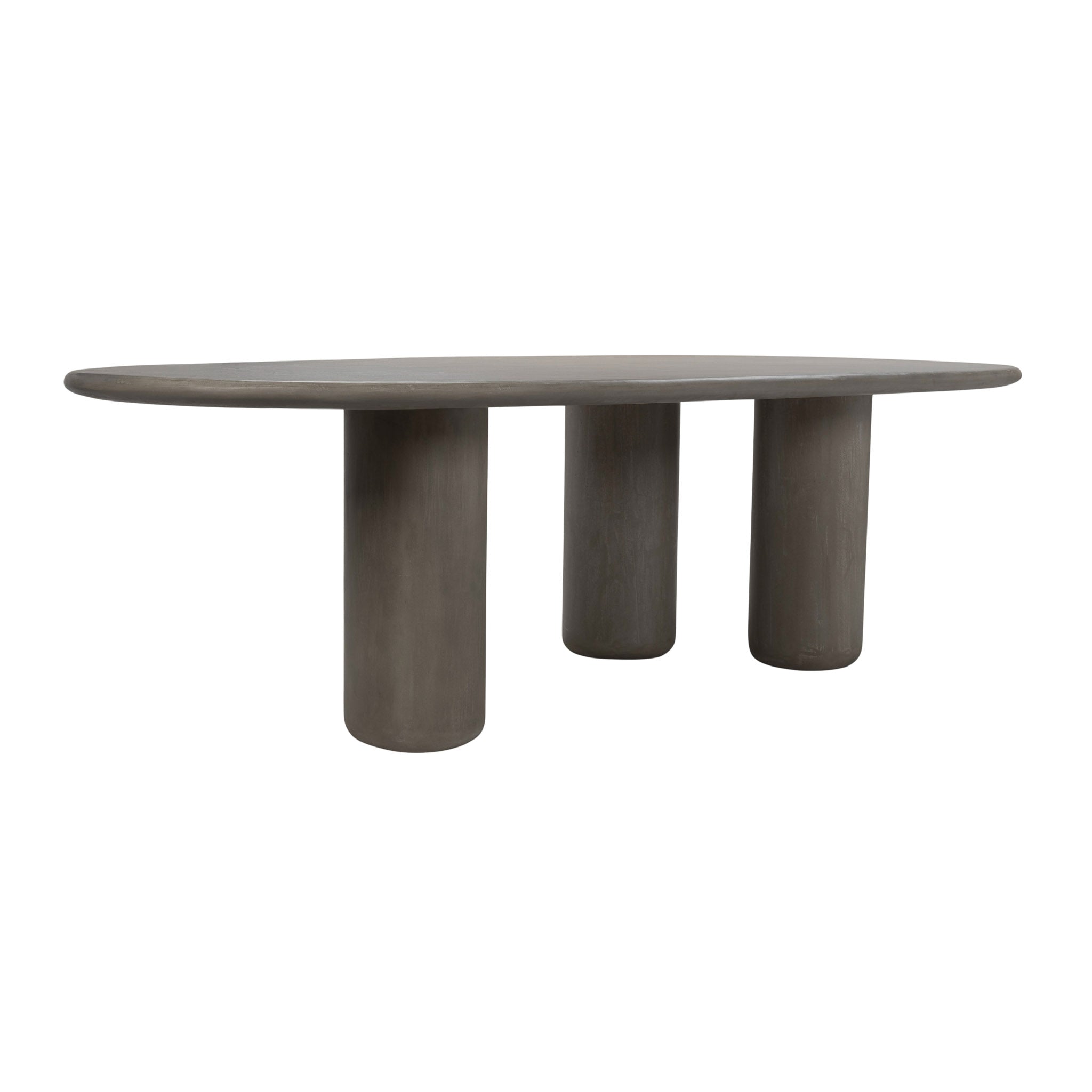 Back angle view of grey concrete dining table with cylindrical base