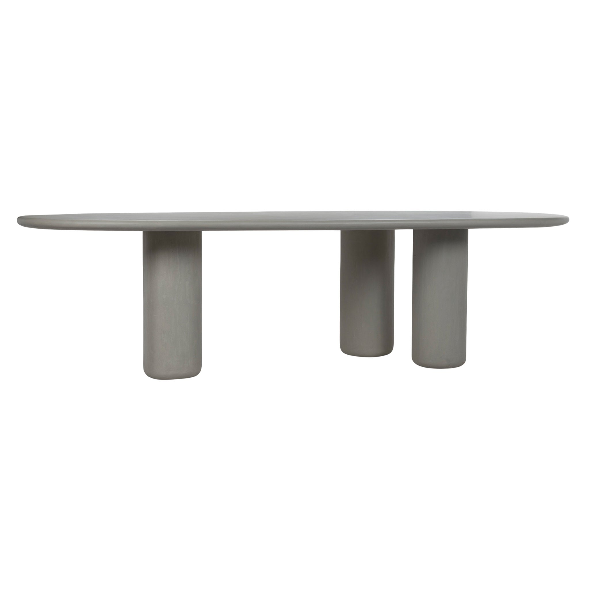 Front view of Curve outdoor concrete dining table with there cylindrical legs. 