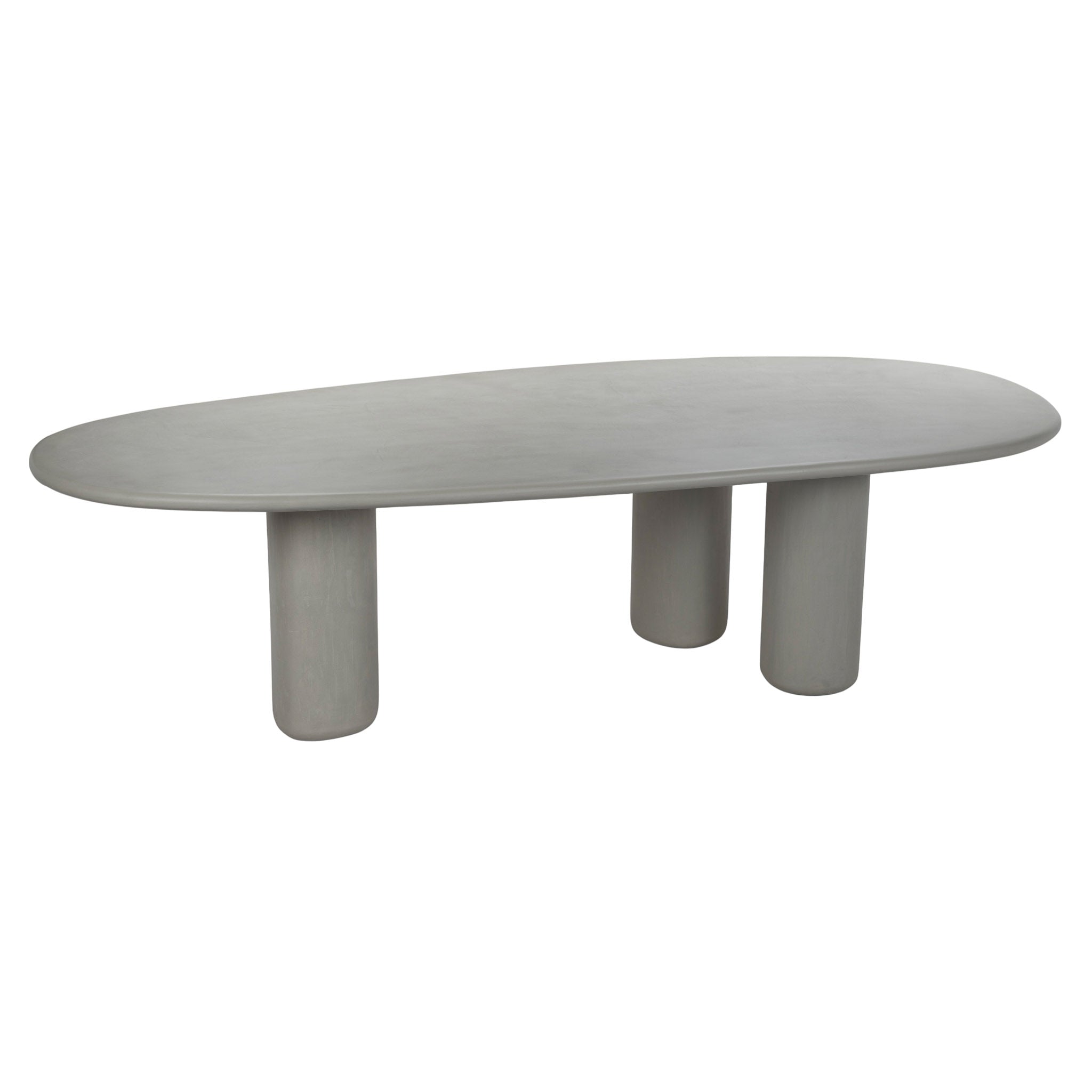 Modern gray coffee table with four cylindrical legs on a white background
