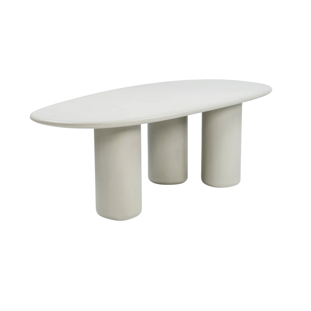 Curve Triad 215 cm low outdoor dining table in Linen varnished concrete with rounded tabletop and cylindrical legs