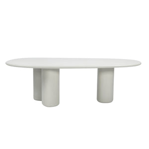 Side profile of Triad 215 cm low dining table in Linen showing its lower dining height and rounded tabletop