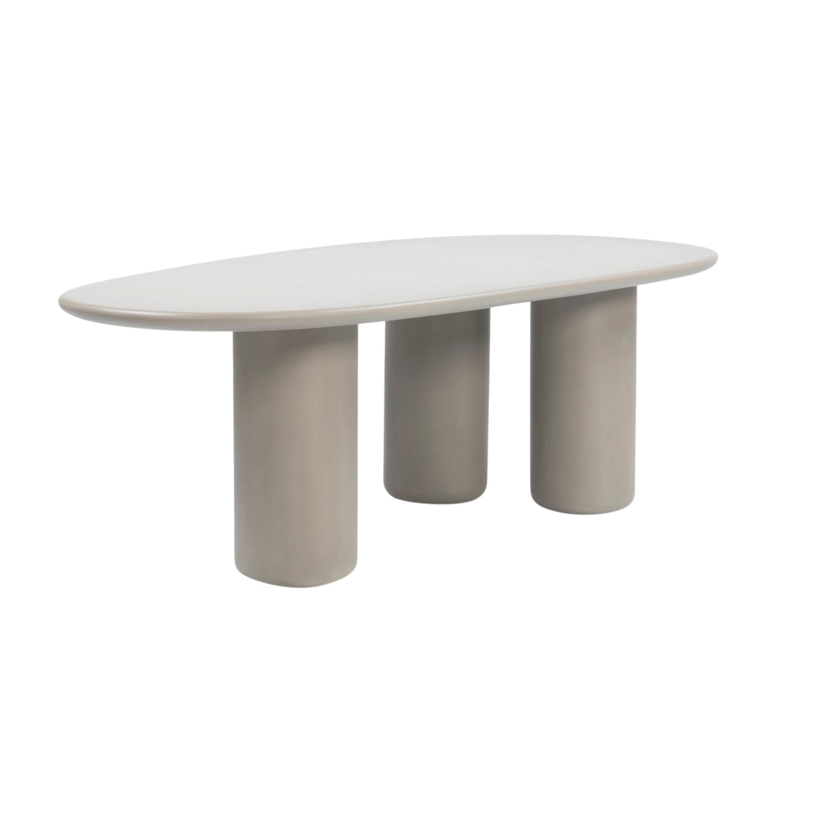 Curve Triad 215 cm low outdoor dining table in Wasabi varnished concrete with three cylindrical pedestal legs